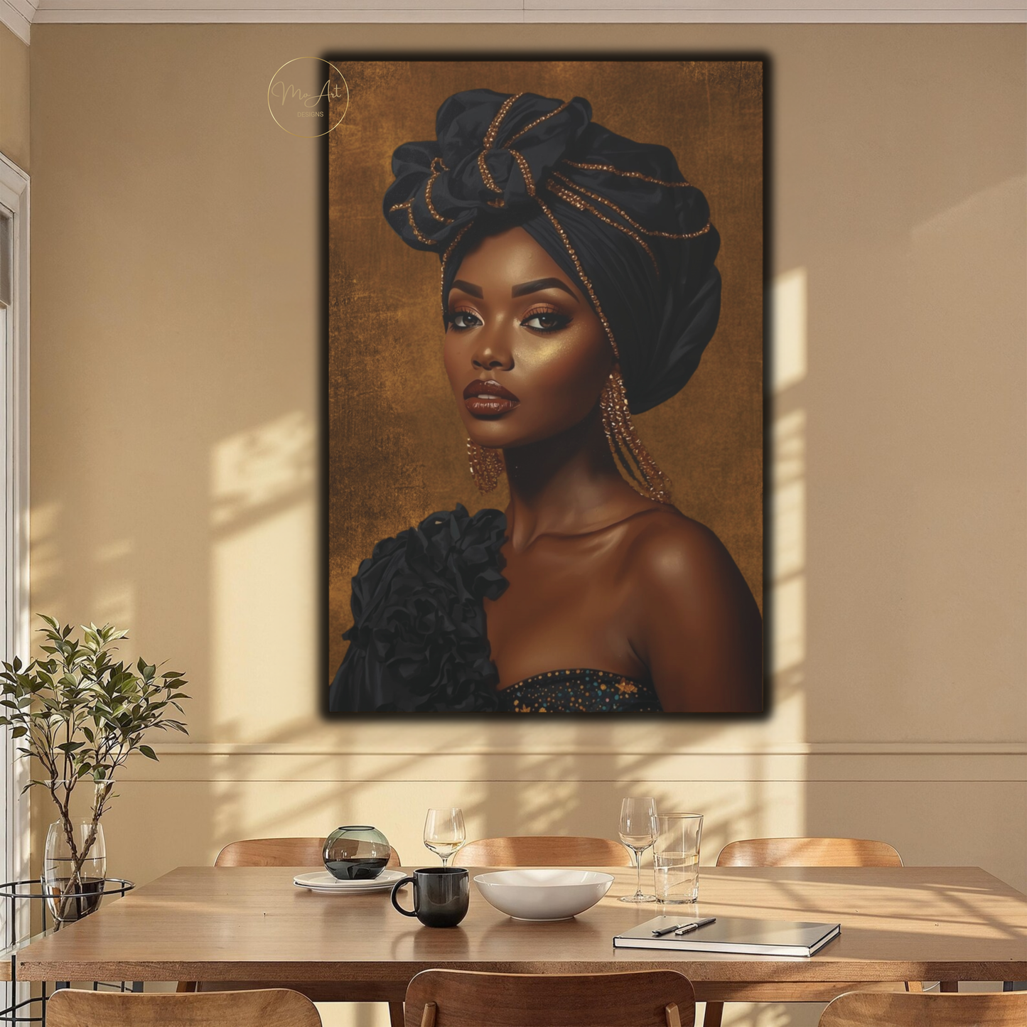 Black Woman Wall Art – Exquisite Beauty in Black & Gold Afrocentric Luxury Canvas Print