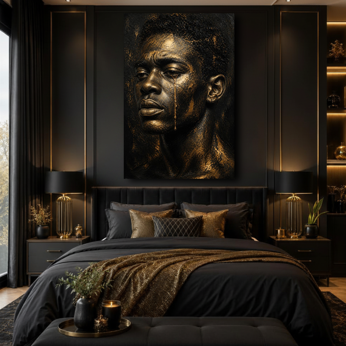Black Man Wall Art – Golden Tears | Emotional Black & Gold Canvas Print