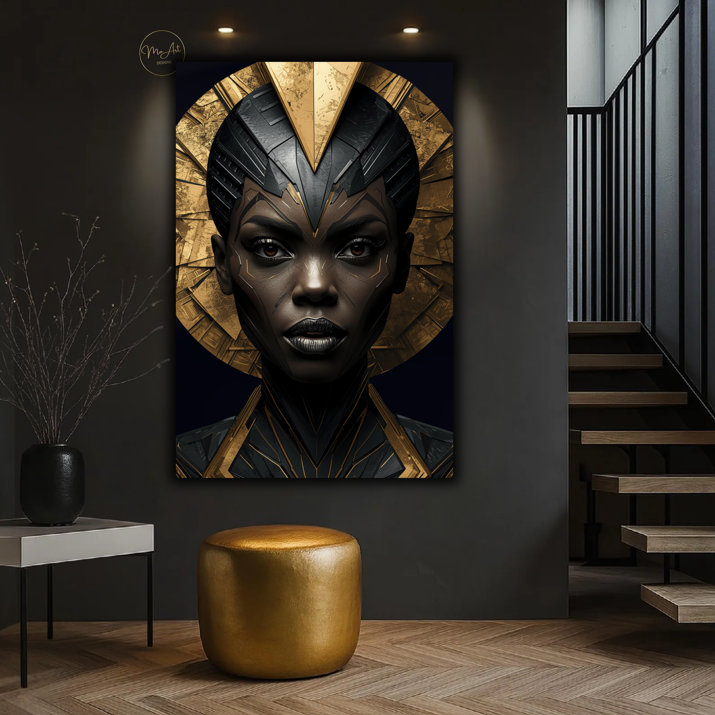 Black Woman Wall Art – Bold African Warrior Goddess | Premium Black & Gold Canvas Print
