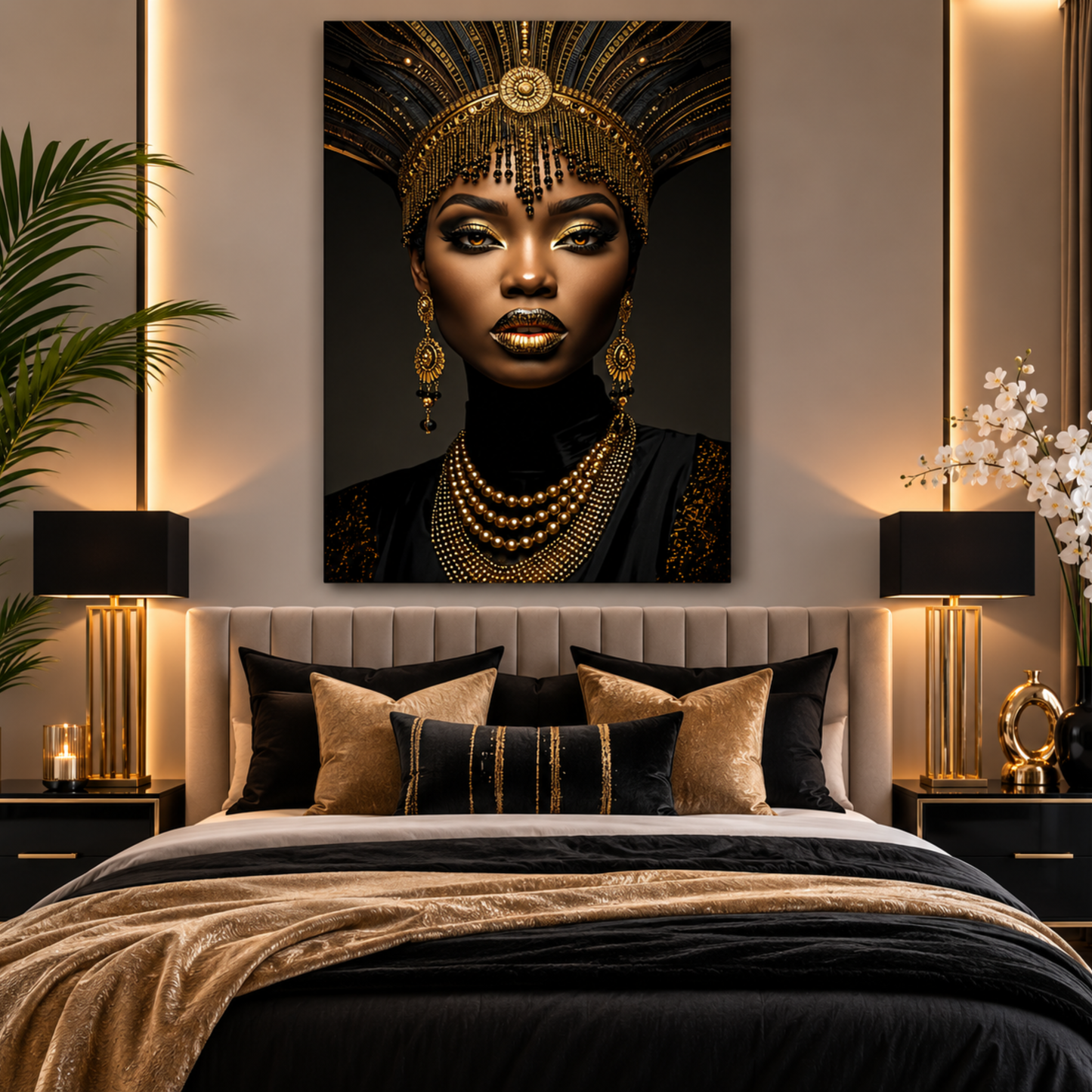 Black Woman Wall Art – African Queen Portrait Black & Gold Canvas Print | Afrocentric Luxury Wall Decor