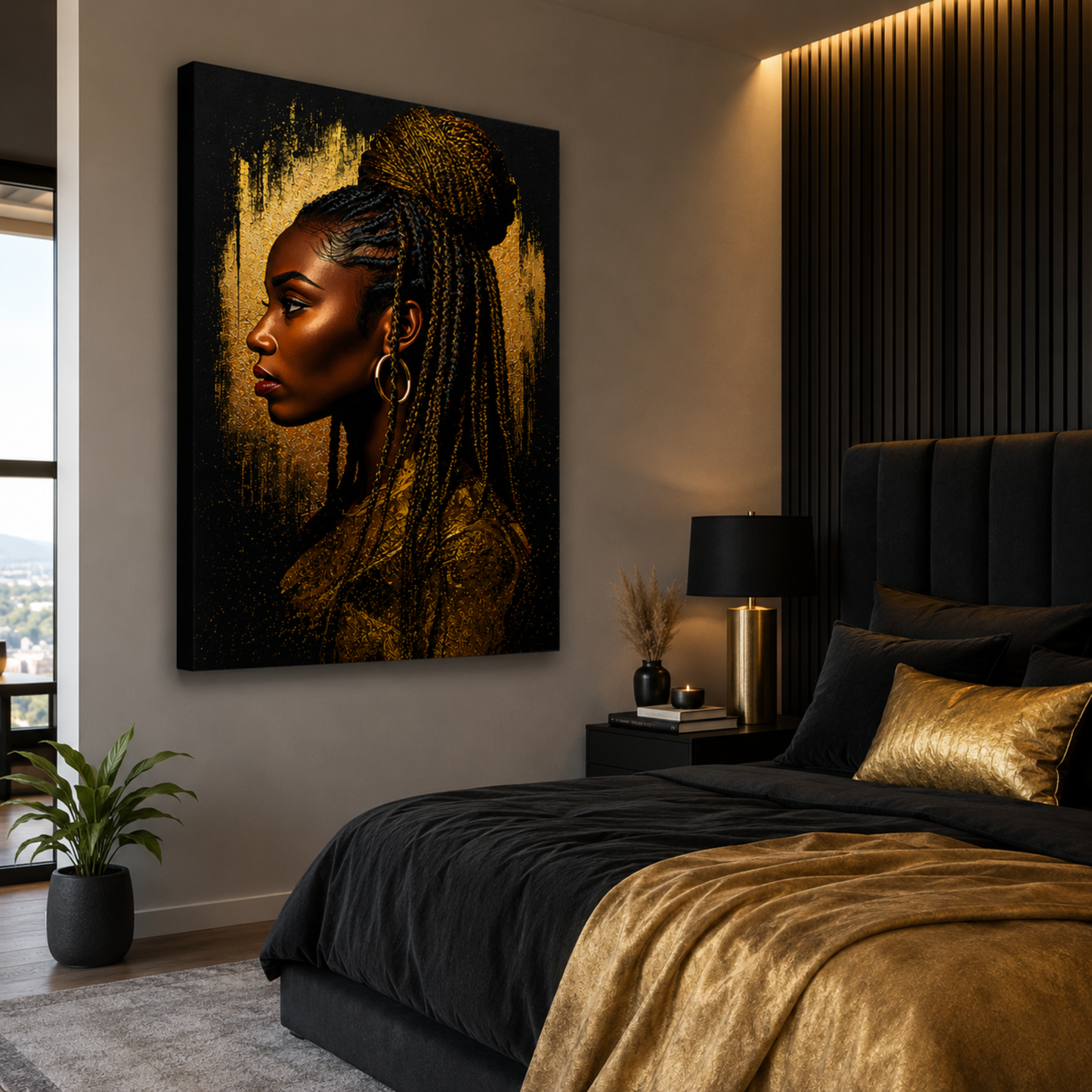 Black Woman Wall Art – Braided Afrocentric Queen in Black & Gold Canvas Print | Luxury African American Decor