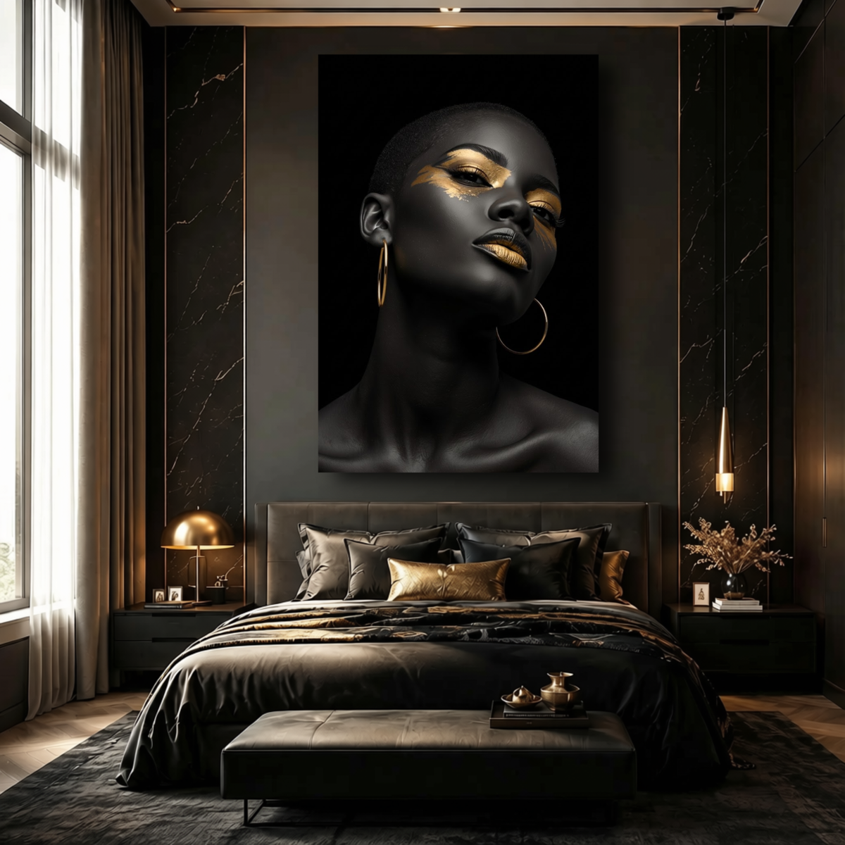 Black Woman Wall Art – Short Hair Queen | Black & Gold Afrocentric Canvas Print