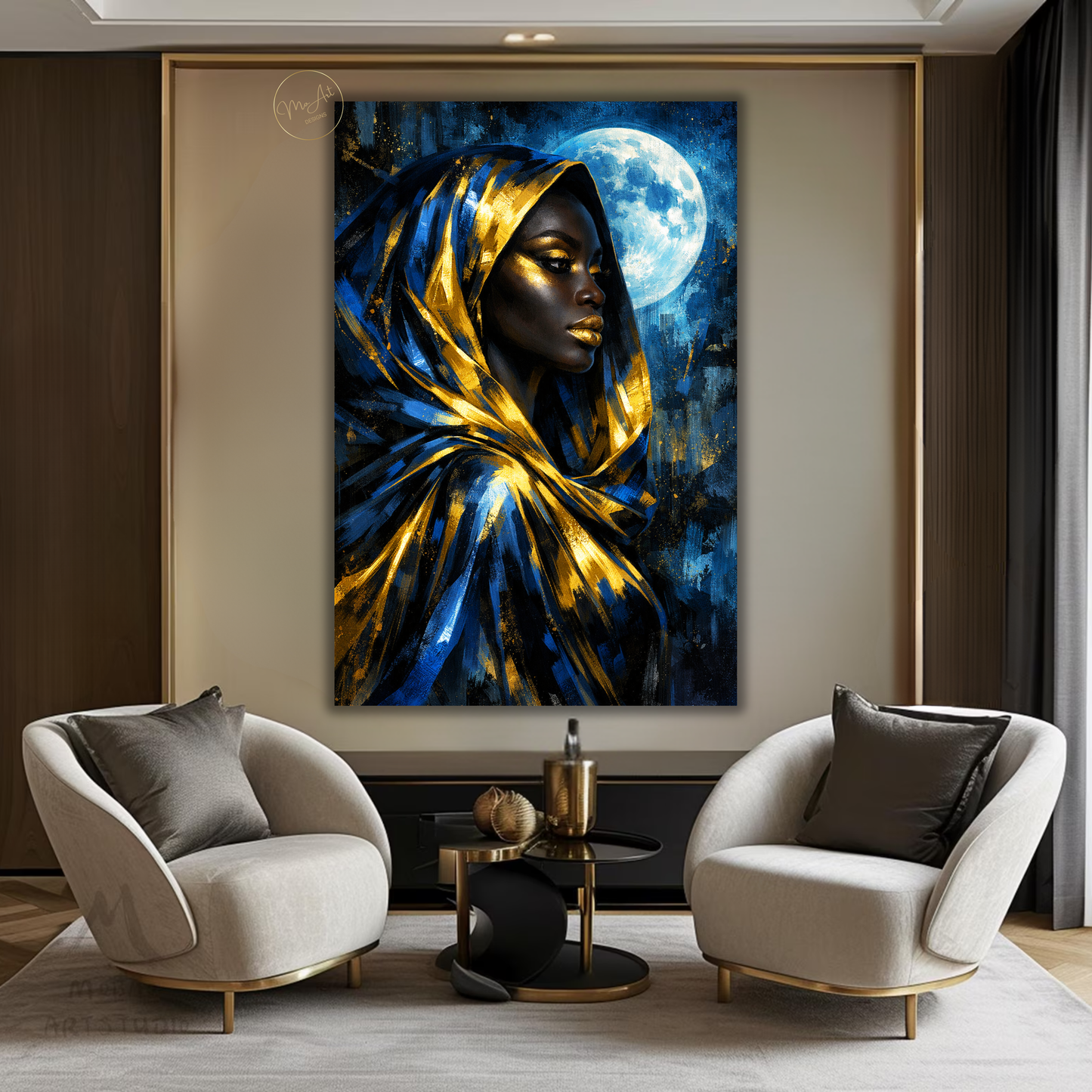 Black Woman Wall Art – Blue & Gold Afrocentric Moon Goddess Canvas Print