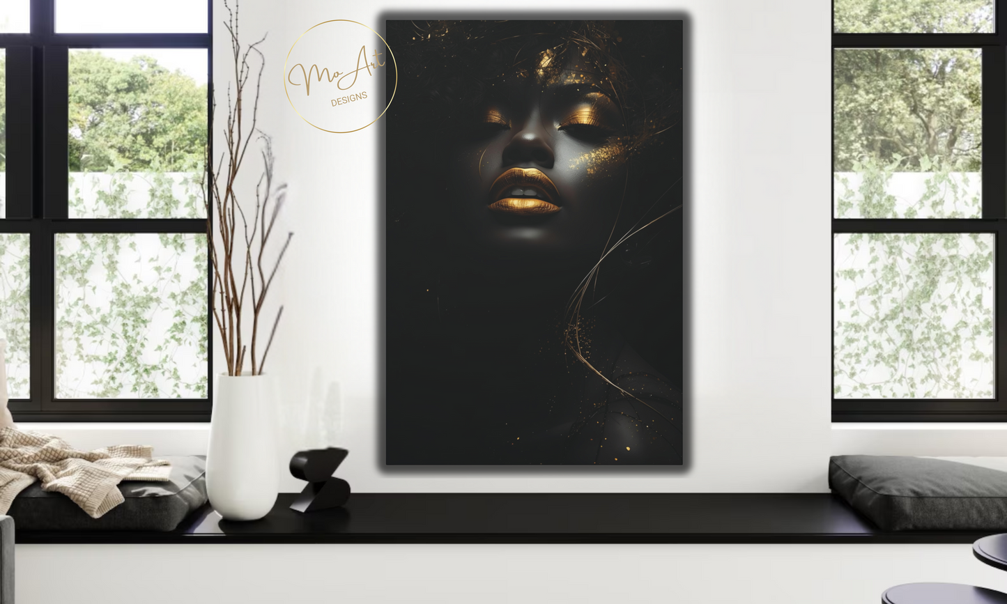 Black Woman with Gold Lips – Luxury Canvas Wall Art