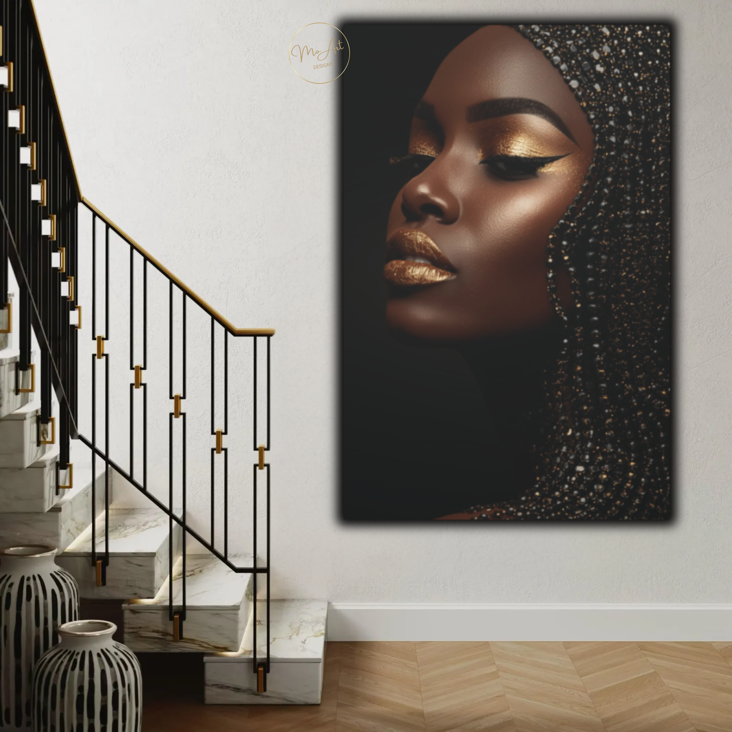 Black Woman Wall Art – Golden Radiance | Black & Gold Afrocentric Luxury Canvas Print