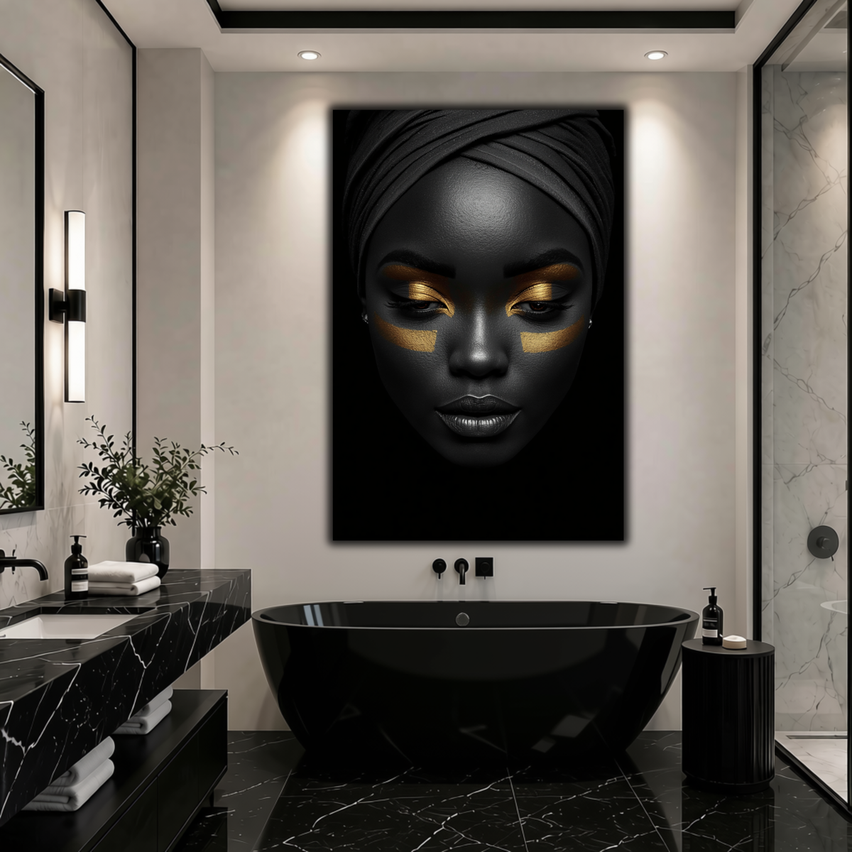 Black Woman Wall Art – Gilded Essence | Black & Gold  Luxury Portrait Canvas Print