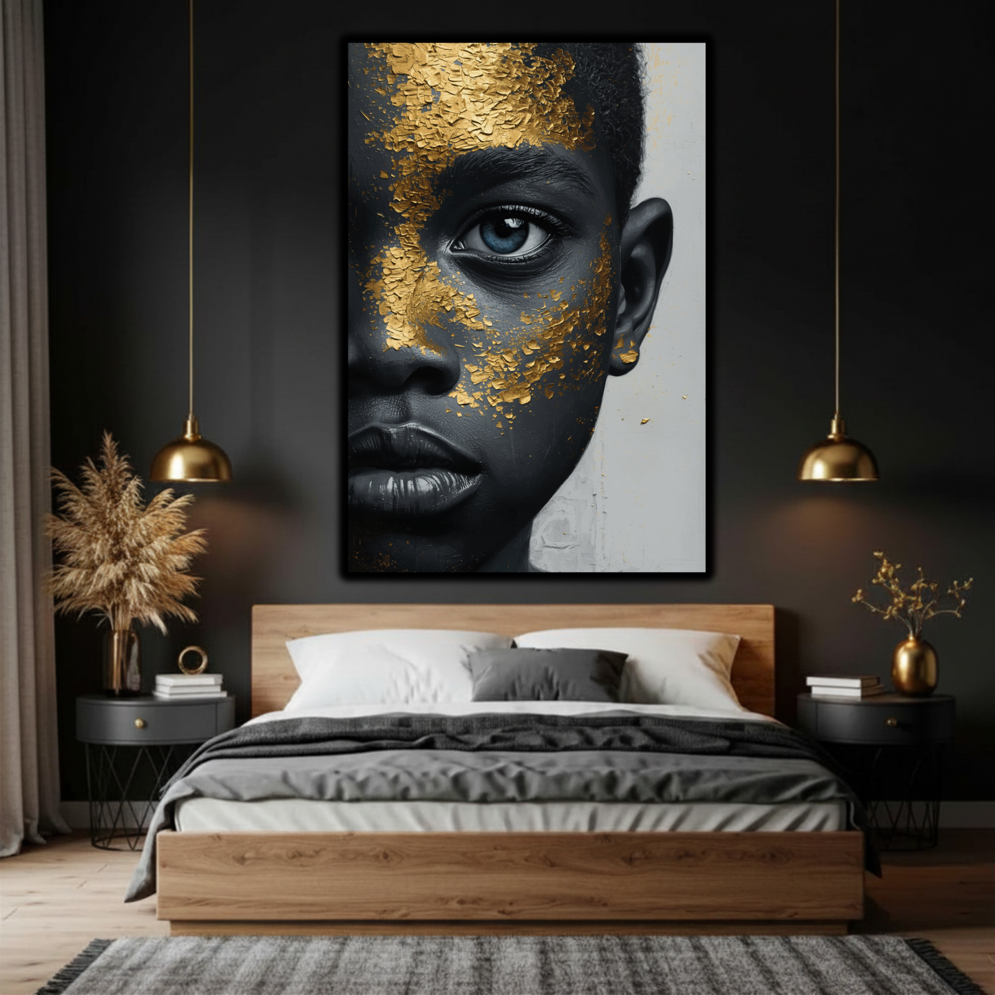 African American Wall Art – Black Boy with Blue Eyes Black & Gold Canvas Print | Luxury Afrocentric Decor