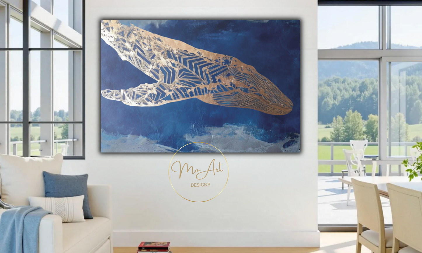 Gold and Blue Whale Abstract Canvas Wall Art