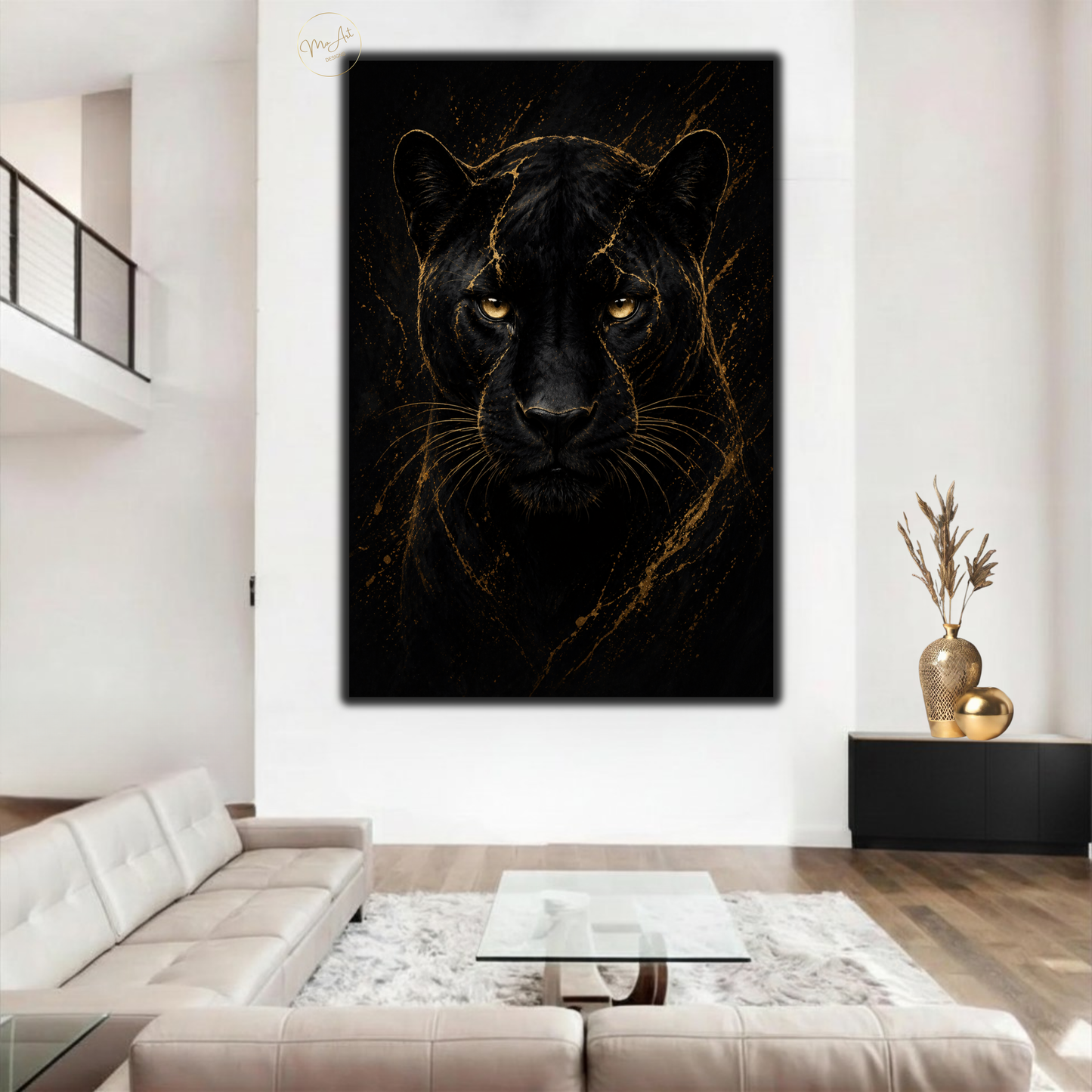 Black Panther Wall Art – Fierce Gold & Black Abstract Panther Canvas Print