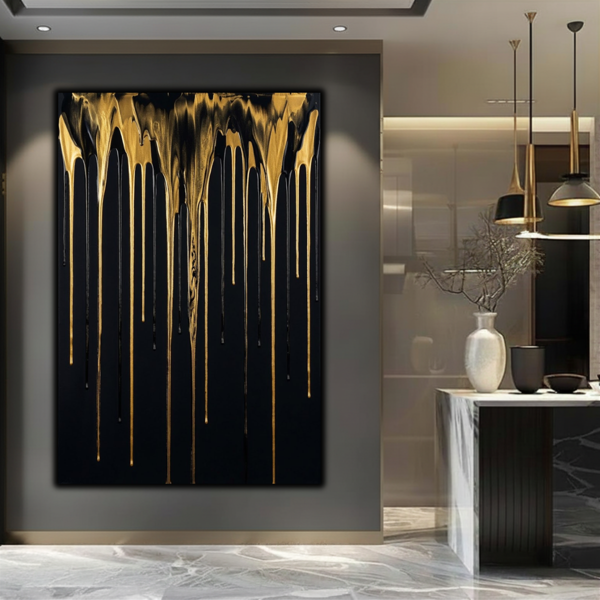 Abstract Modern Gold & Black Drip Canvas Print | Luxury Home Wall Decor