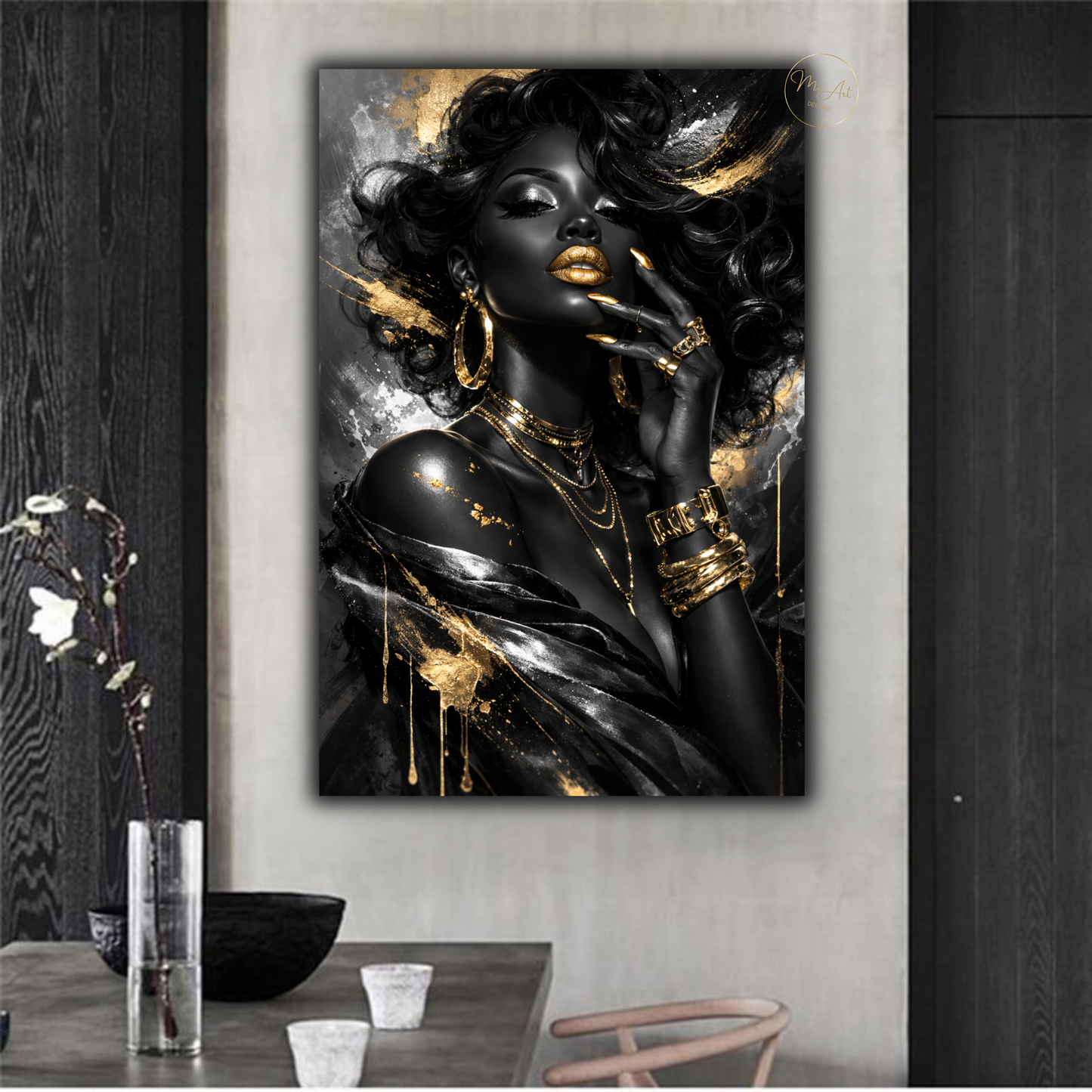 Black Woman Wall Art – Black & Silver Glam with Gold Lips | Luxury Afrocentric Canvas Print