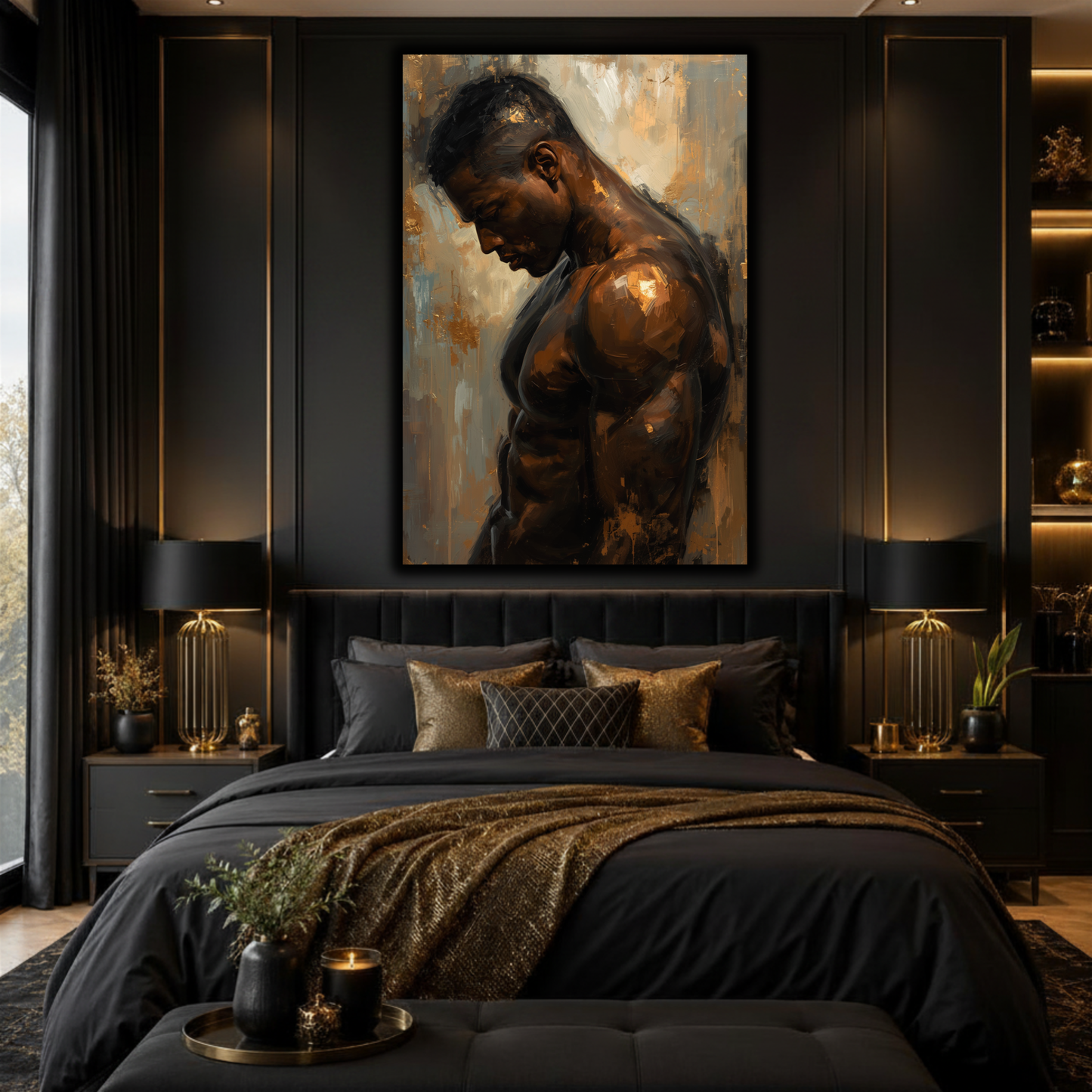 Black Man Wall Art – Sensual Afrocentric Canvas Print  | Modern Black & Gold Masculine Artwork