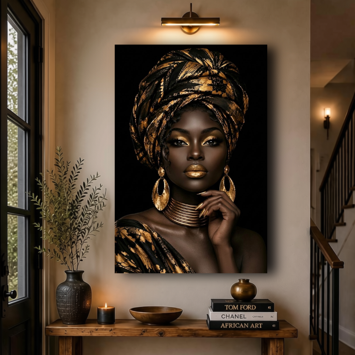 Black Woman Wall Art – Regal Essence | Black & Gold Afrocentric Canvas Print