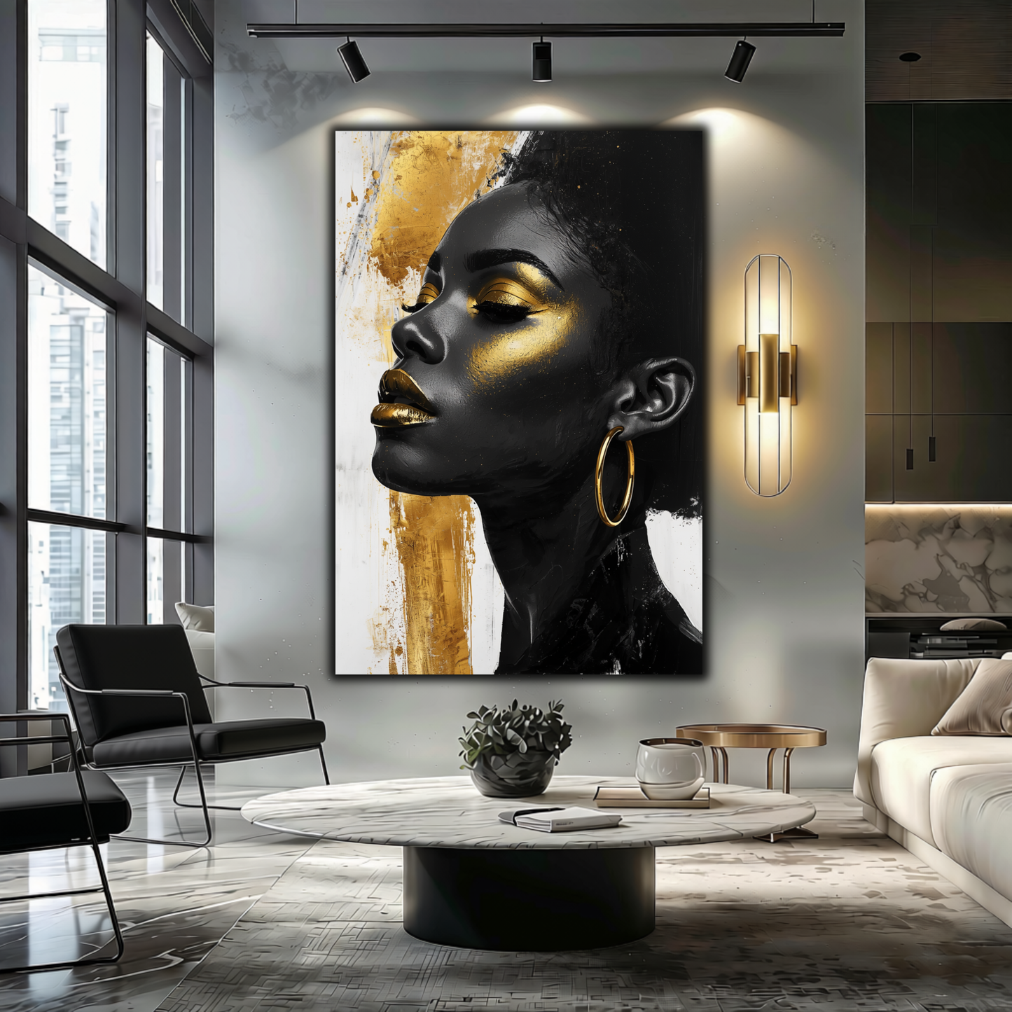 Black Woman Wall Art – Afrocentric Beauty in Black, Gold & White Canvas Print | Modern Luxury Home Decor