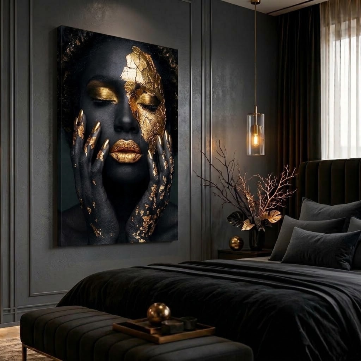 Black Woman Wall Art – Fractured Gold | Afrocentric Black & Gold Cracked Gold Leaf Canvas Print