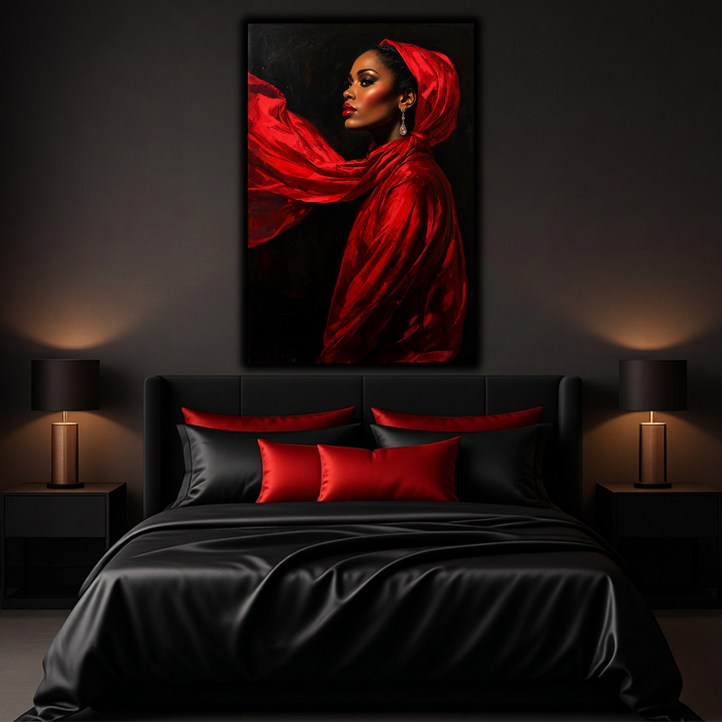Black Woman Wall Art – Lady in Red Canvas Print | Elegant Afrocentric Home Decor