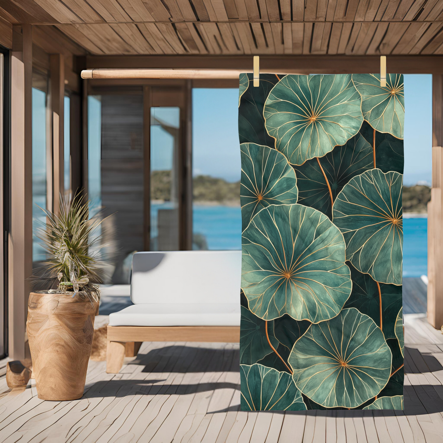 Lush Green Leaves with Gold - Beach Towel