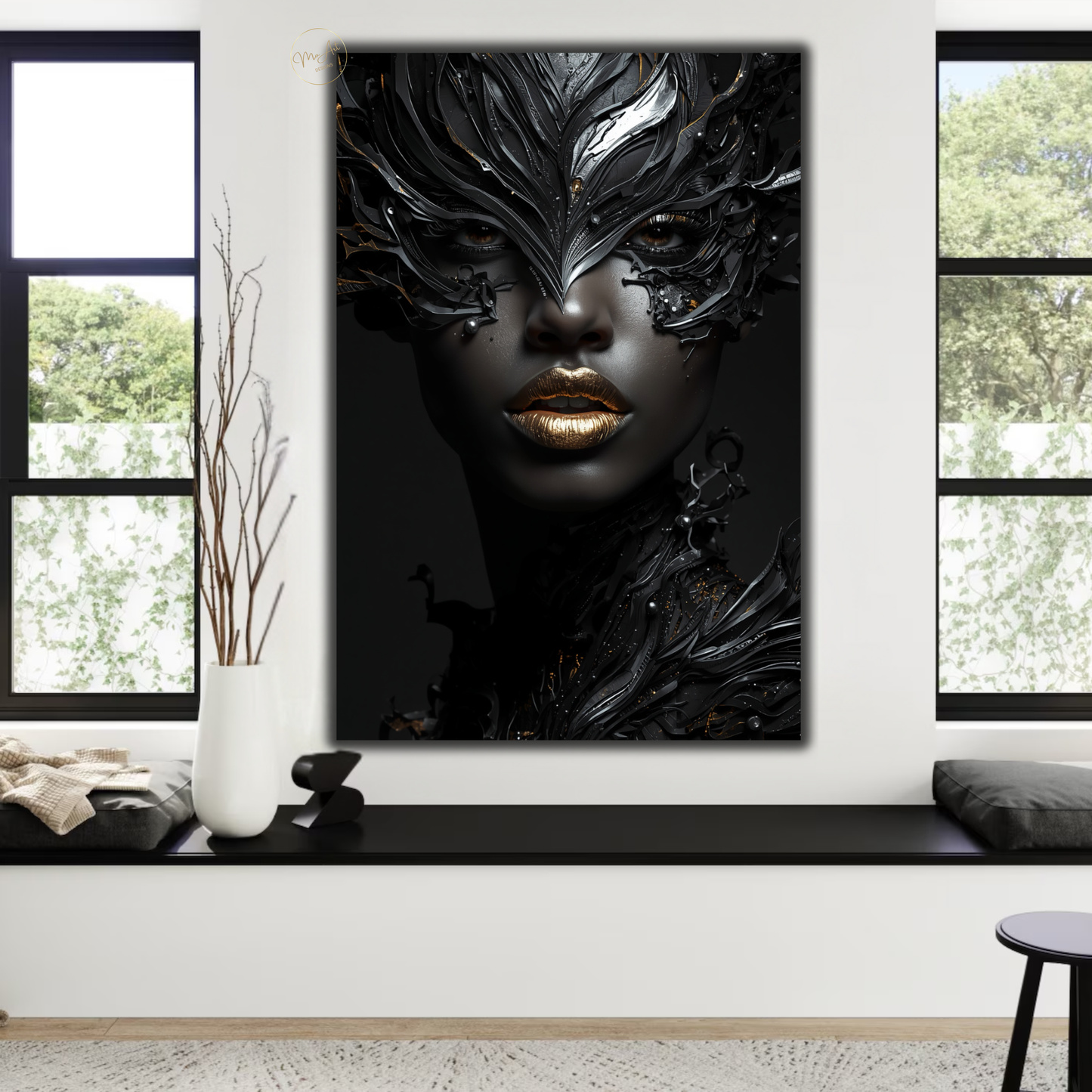 Afrocentric Black Woman Wall Art – Modern Black, Silver & Gold Abstract Canvas Print