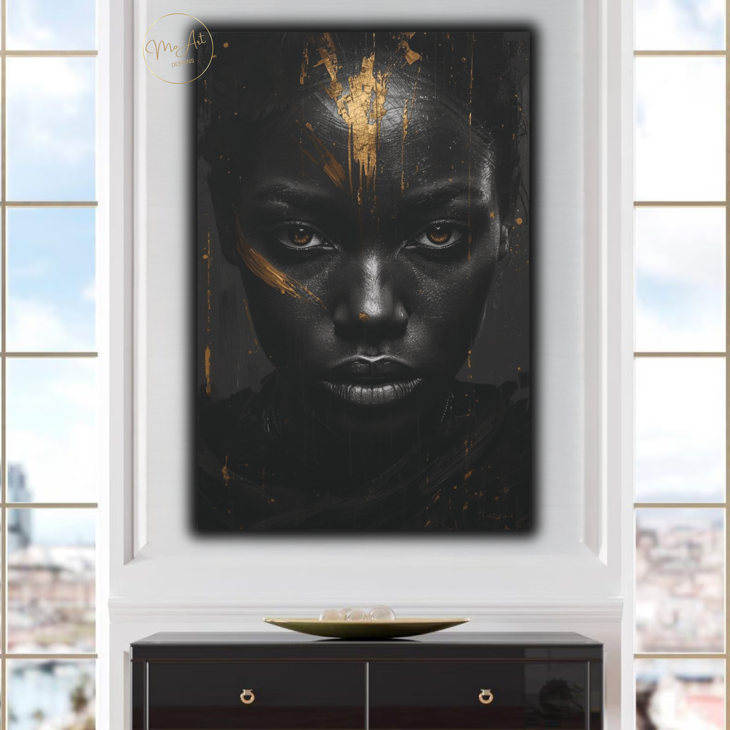 Black Woman Wall Art – Unbreakable Gaze | Black & Gold Statement Canvas Print