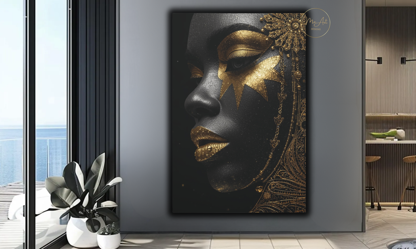 Black Woman Wall Art – Celestial Queen in Black & Gold / Canvas Print