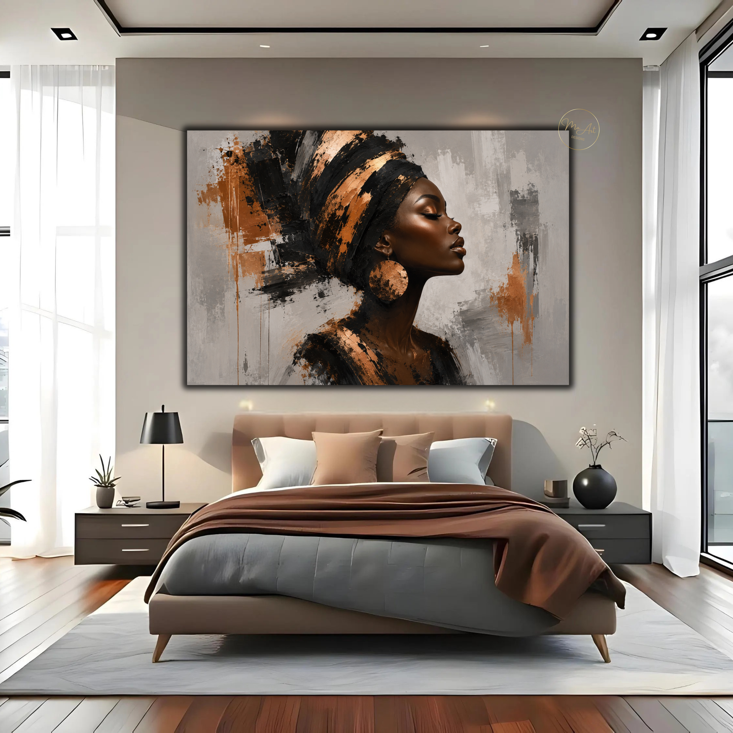 Black Woman Wall Art – Opulent Black & Copper Afrocentric Abstract Canvas Print