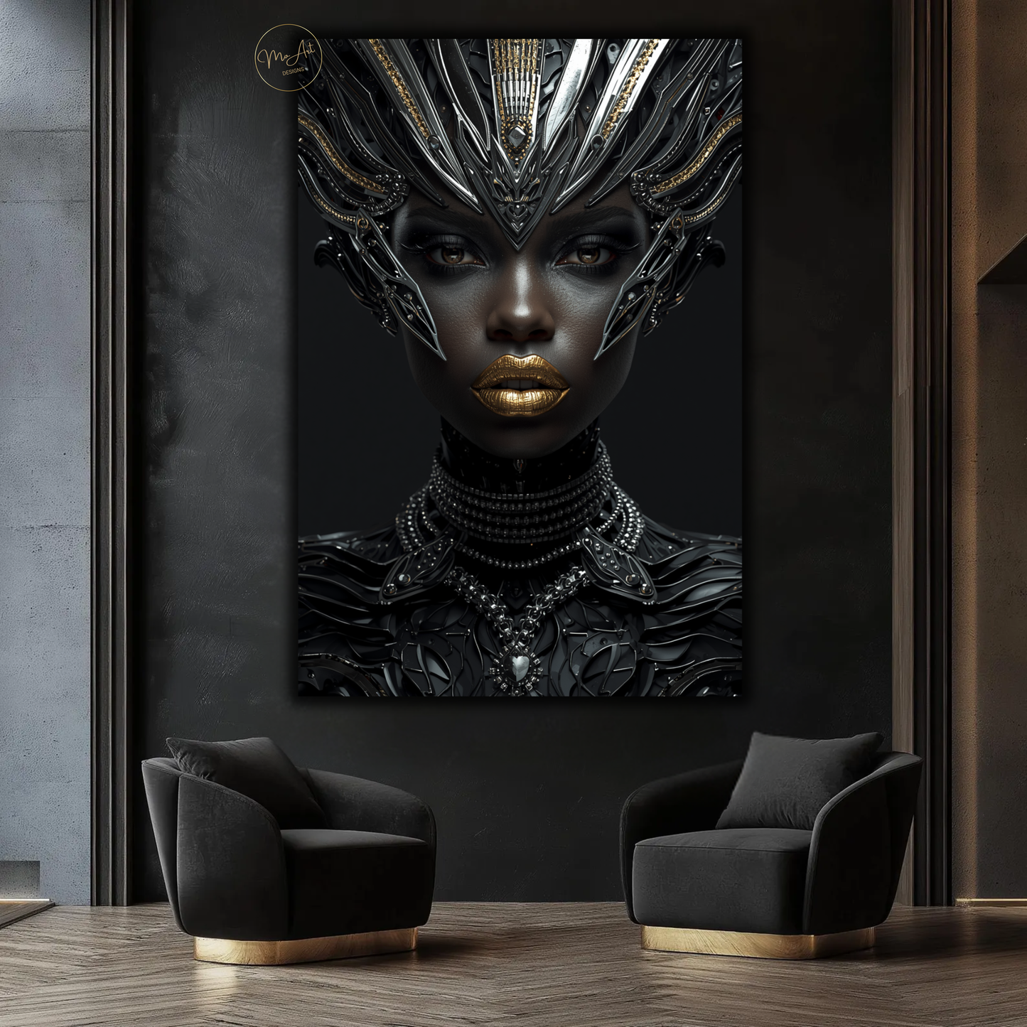 Black Woman Wall Art – Futuristic Afrocentric Warrior Queen / Black & Gold Canvas Print