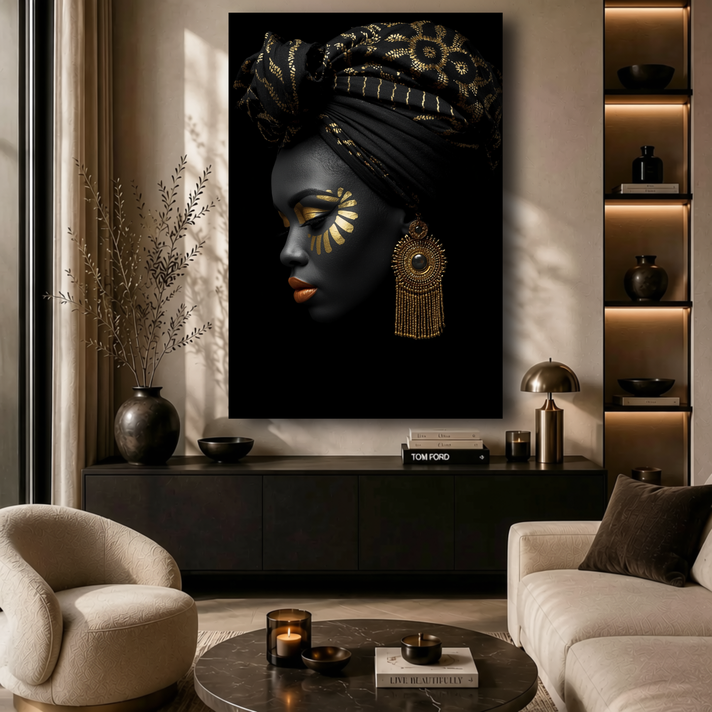 Black Woman Wall Art – Regal Radiance Black & Gold Canvas Print | Afrocentric Home Decor
