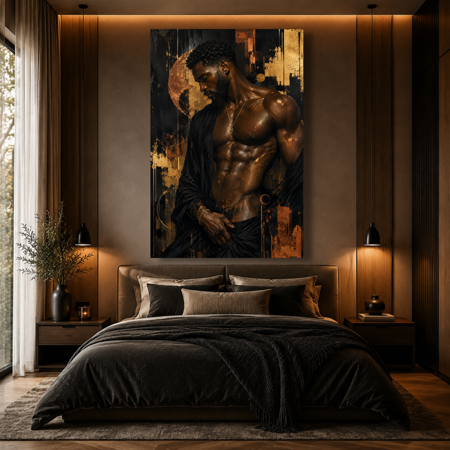 Black Man Wall Art - Seductive Afrocentric Canvas Print | Modern Black & Gold Masculine Wall Art