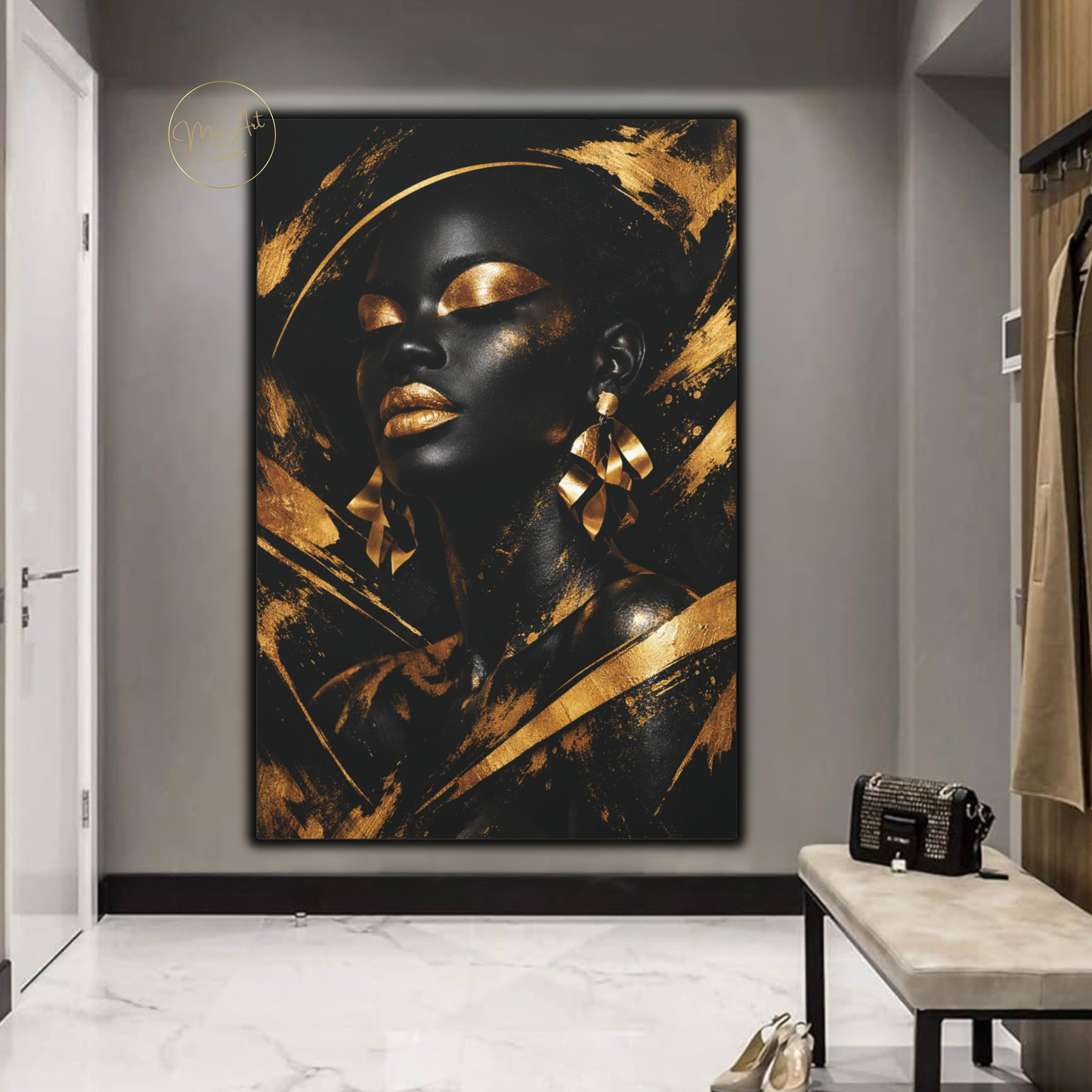 Black Woman Wall Art – Golden Goddess | Luxury Black & Gold Abstract Canvas Print