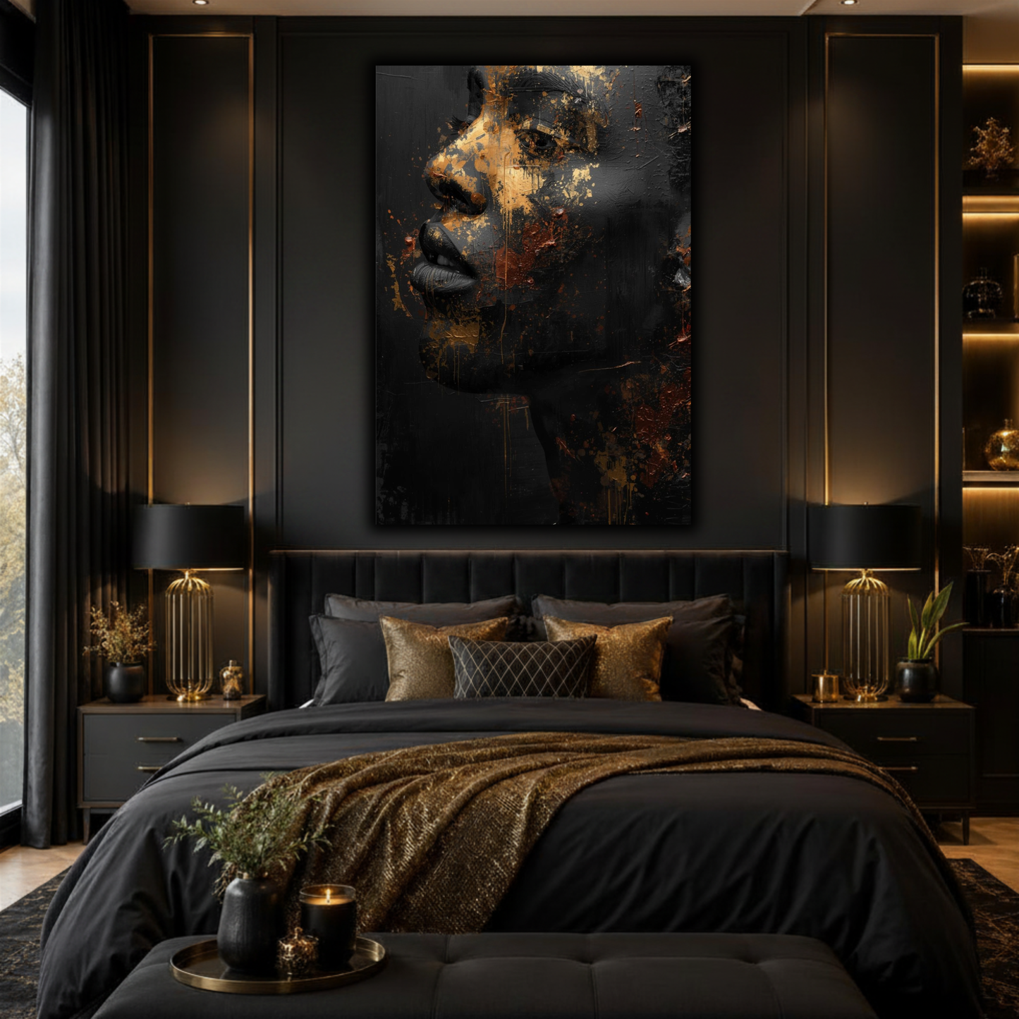 Black Man Wall Art – Black & Gold Abstract Masculine Canvas Print | Modern Luxury Afrocentric Decor