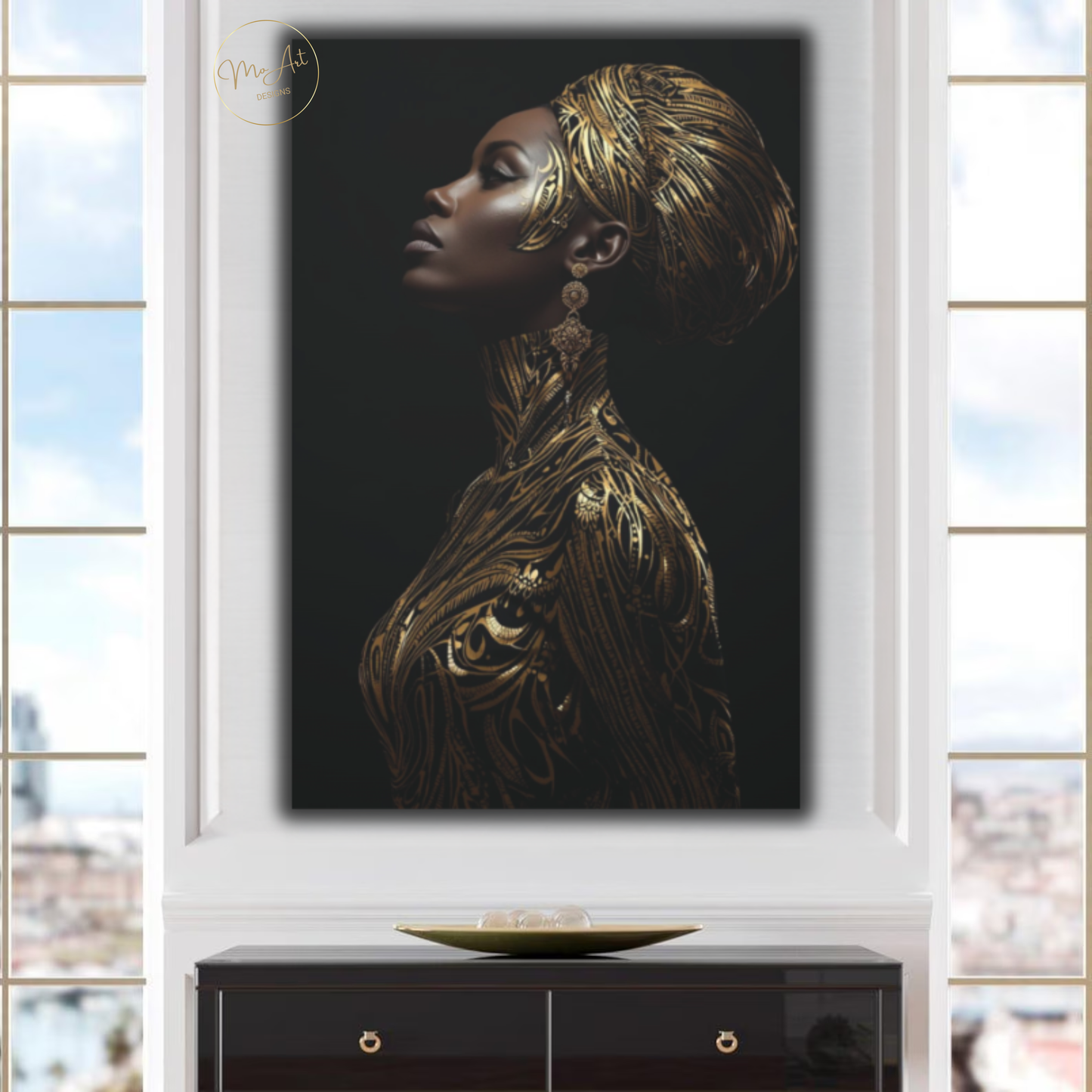 Black & Gold Woman Wall Art – Gilded Grace | Elegant Afrocentric Canvas Print