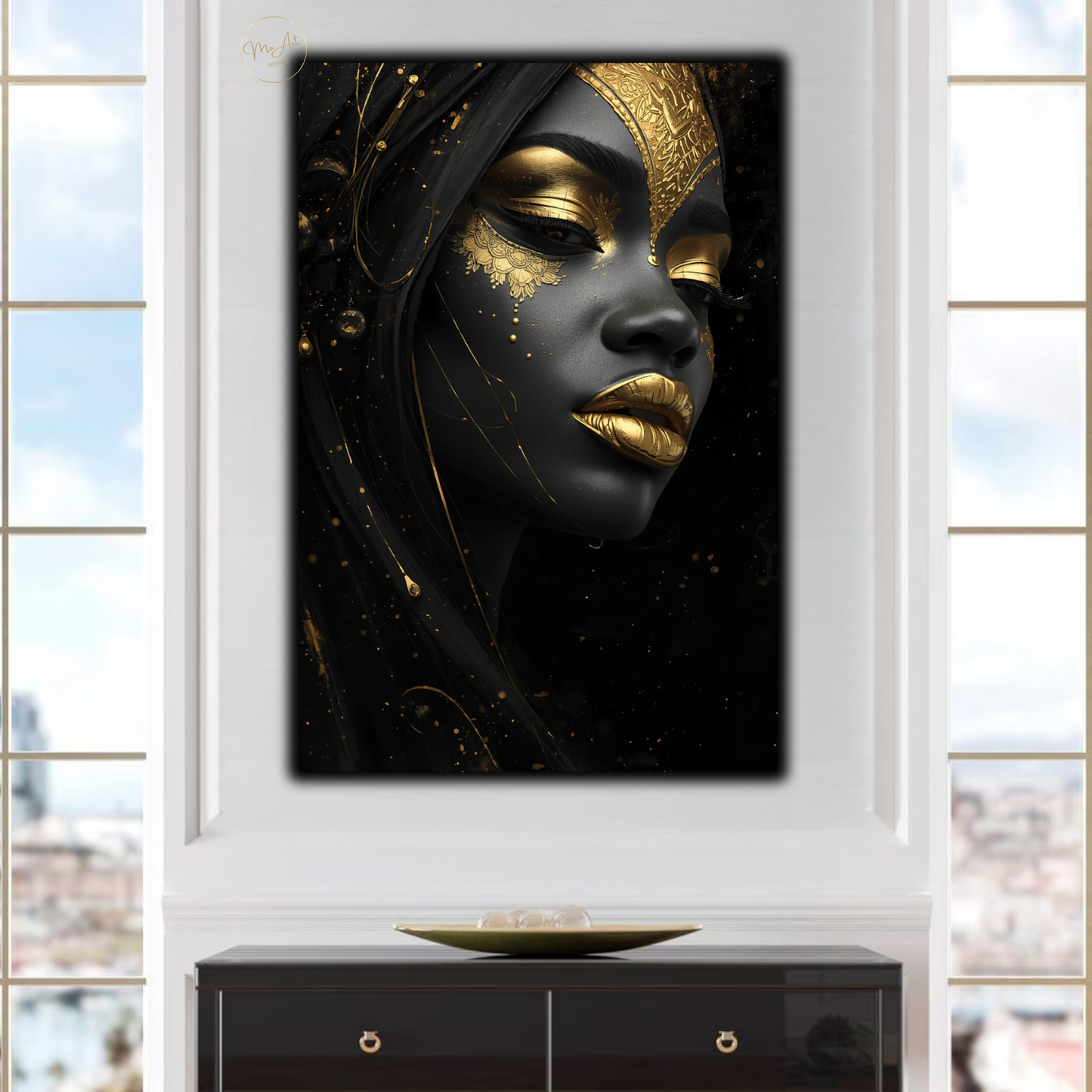 Black Woman Wall Art – Striking Gold & Black Beauty | Afrocentric Luxury Canvas Print