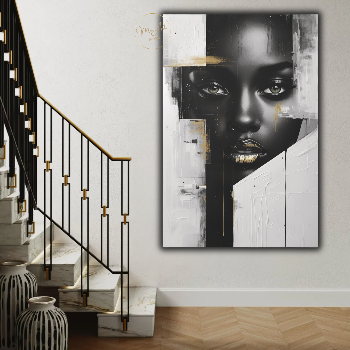 Black Woman Wall Art – Sovereign Gaze - Luxury Black, White & Gold Modern Canvas Print