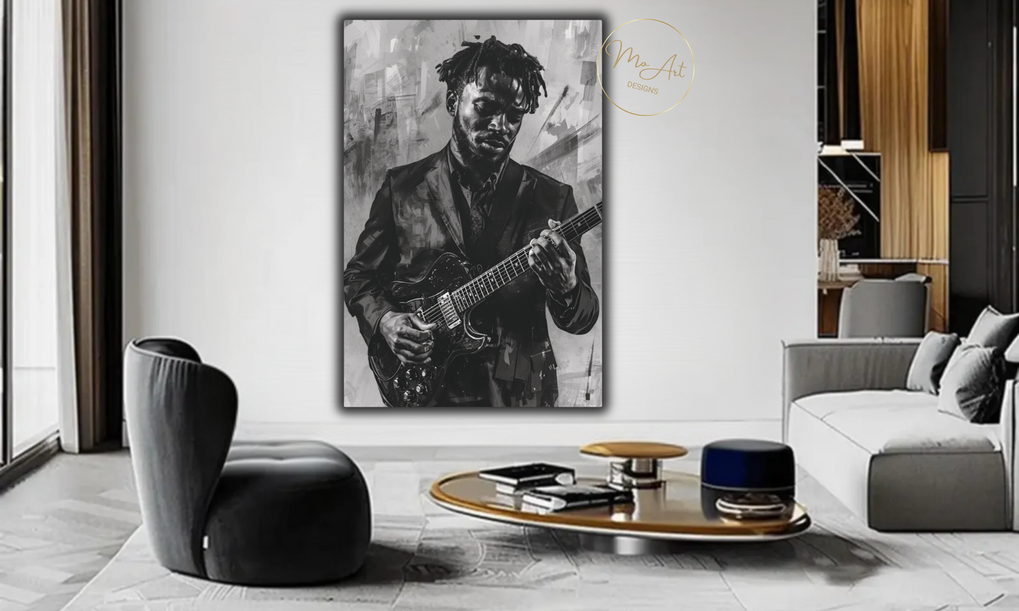 Soulful Strings - Black Guitarist - Canvas Wall Art