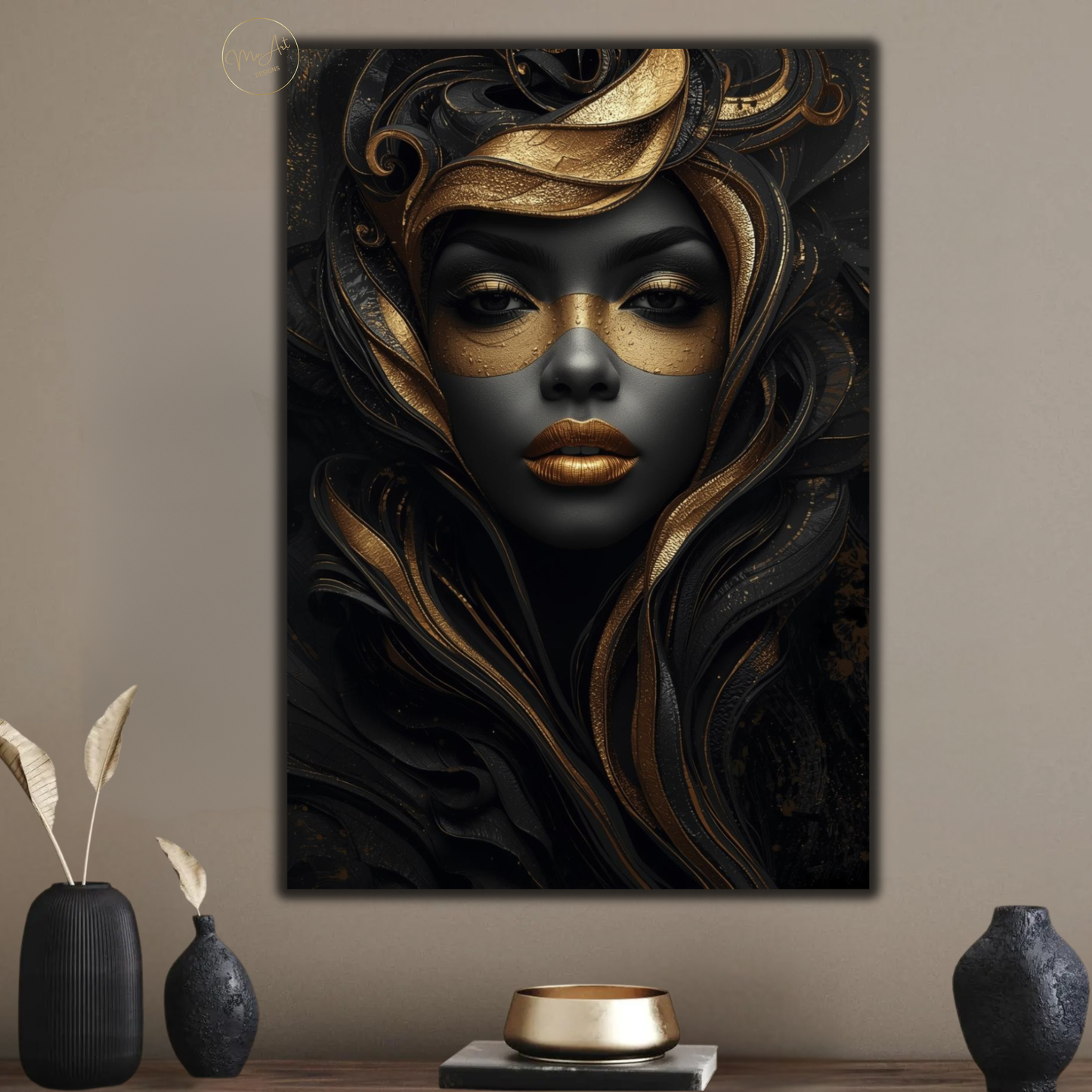 Black Woman Wall Art – Mysterious Black & Gold Afrocentric Canvas Print