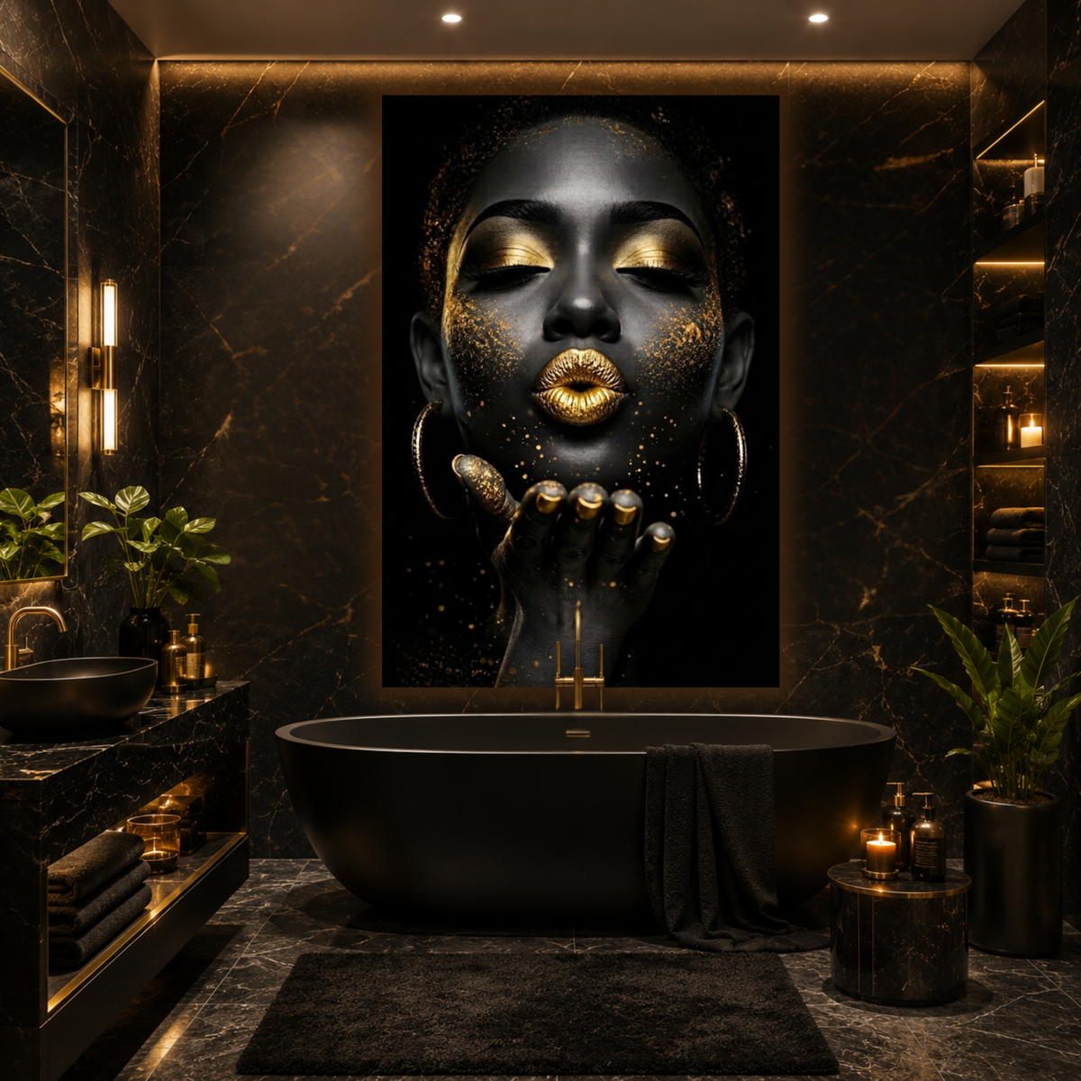 Black Woman Wall Art – Kiss of Gold | Afrocentric Gold Lips Black & Gold Canvas Print