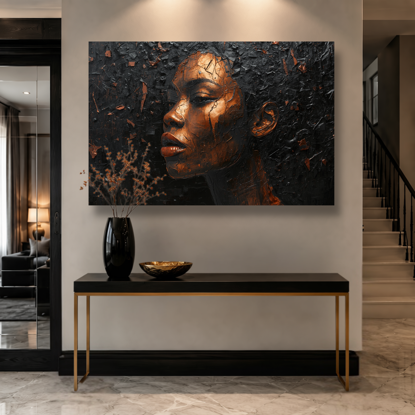 Black Woman Wall Art – Black & Copper Afrocentric Canvas Print | Luxury African American Portrait Wall Decor