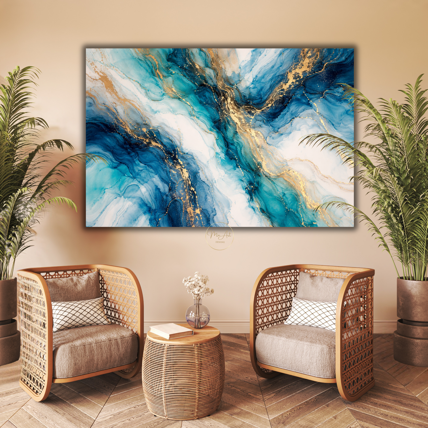 Blue Gold & Turquoise Marble Abstract Wall Art – Luxury Canvas Print