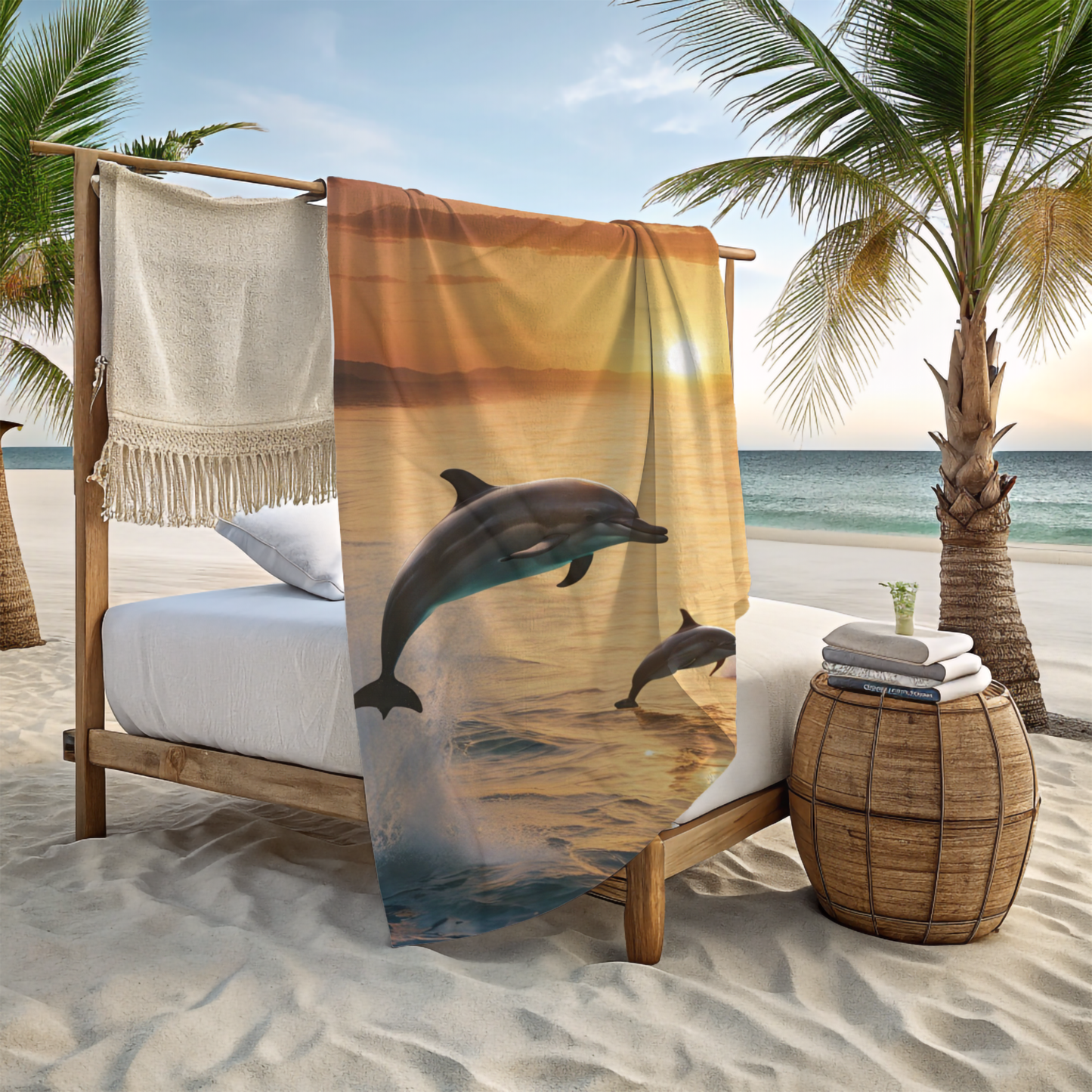 Dolphins Swimming in Ocean Sunset -  Beach Towel