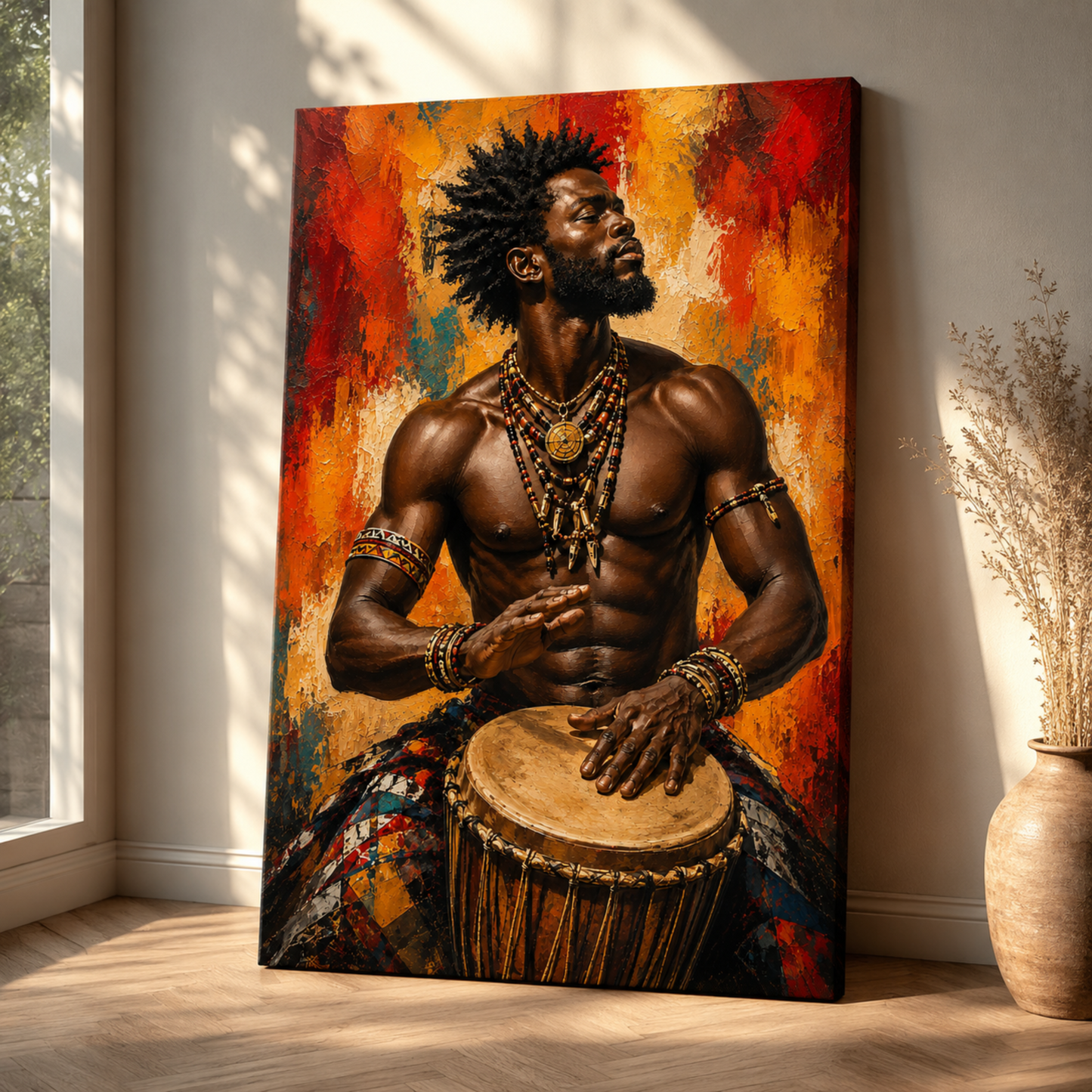 African Man Wall Art – Tribal Drummer Canvas Print | Afrocentric Abstract Drum Art