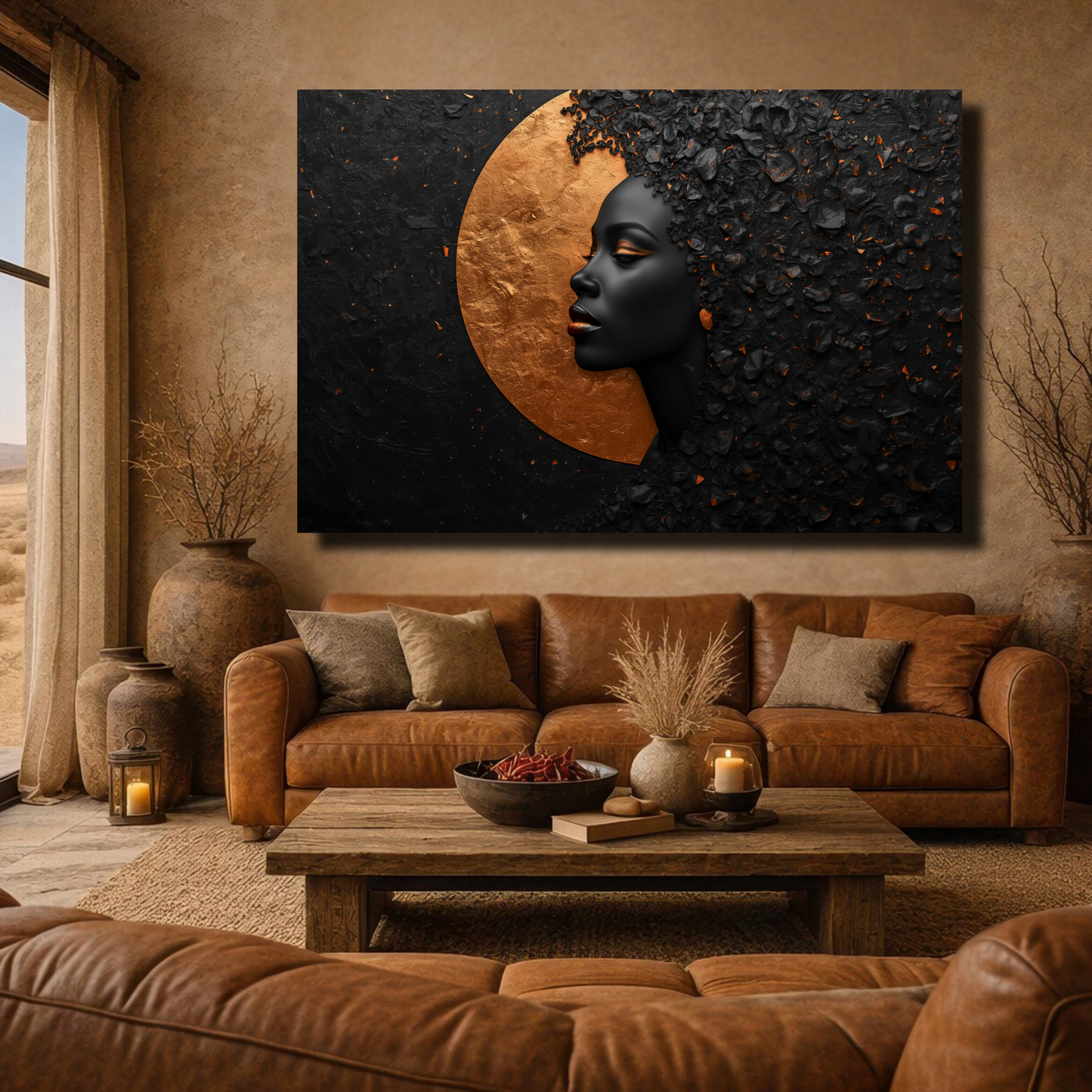 Black Woman Wall Art – Abstract Afrocentric Portrait in Black & Copper | Luxury African American Canvas Print
