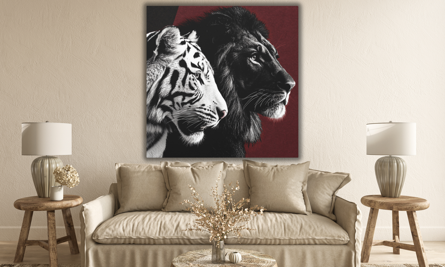 Black and White Lion and Tiger Heads Canvas Art