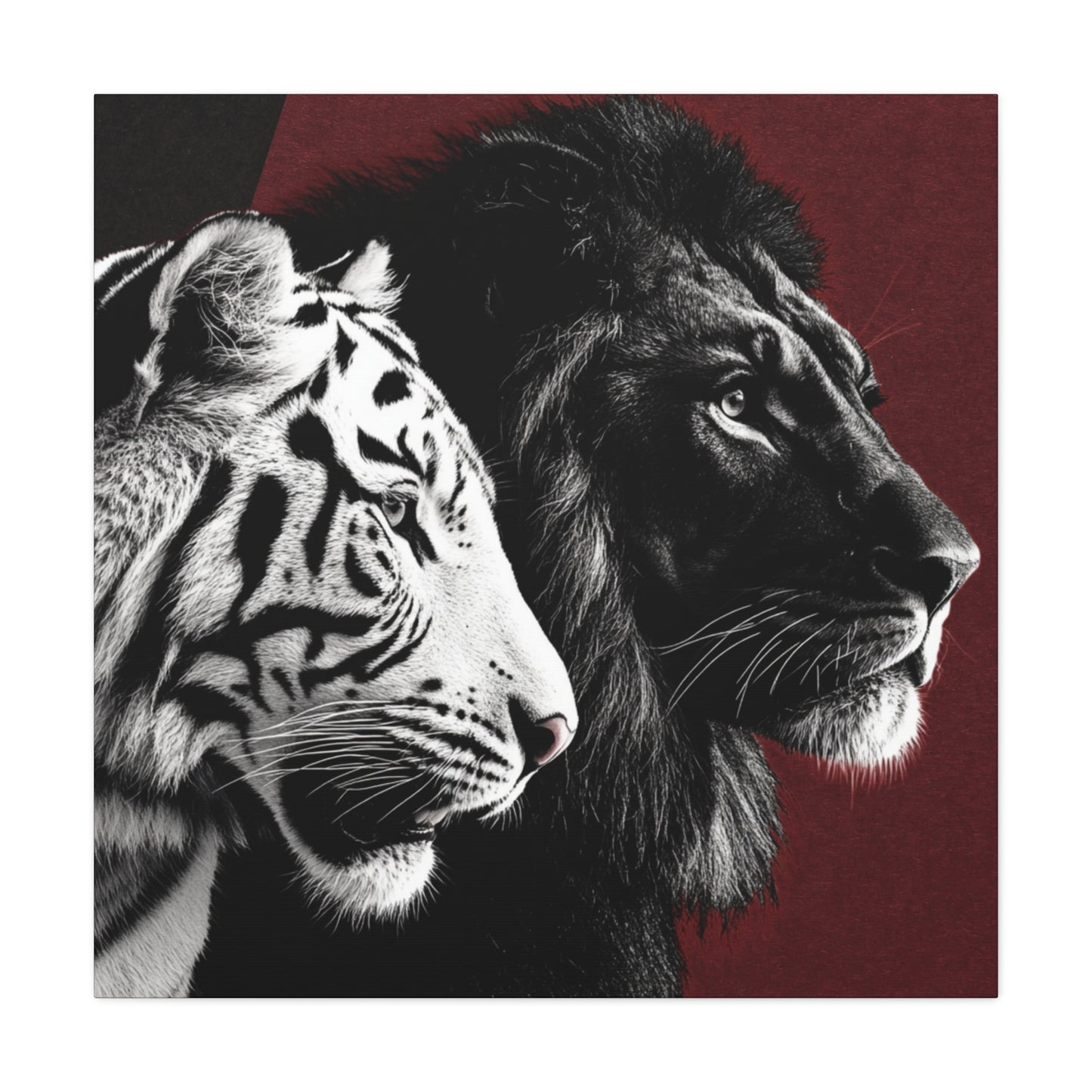 Black and White Lion and Tiger Heads Canvas Art