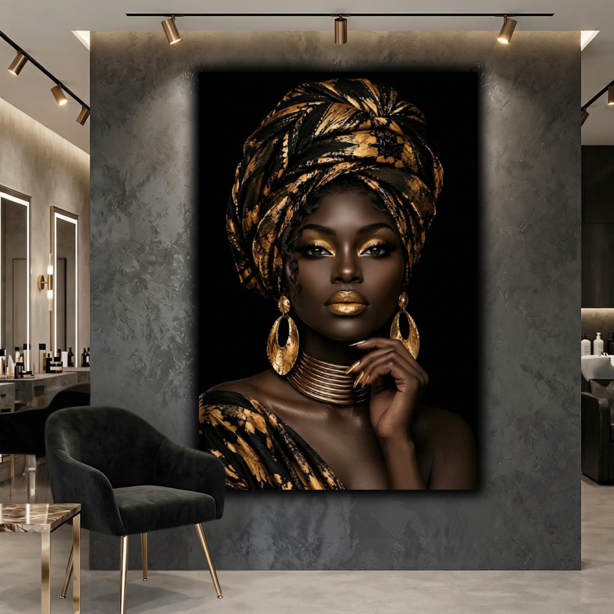 Black Woman Wall Art – Regal Essence | Black & Gold Afrocentric Canvas Print