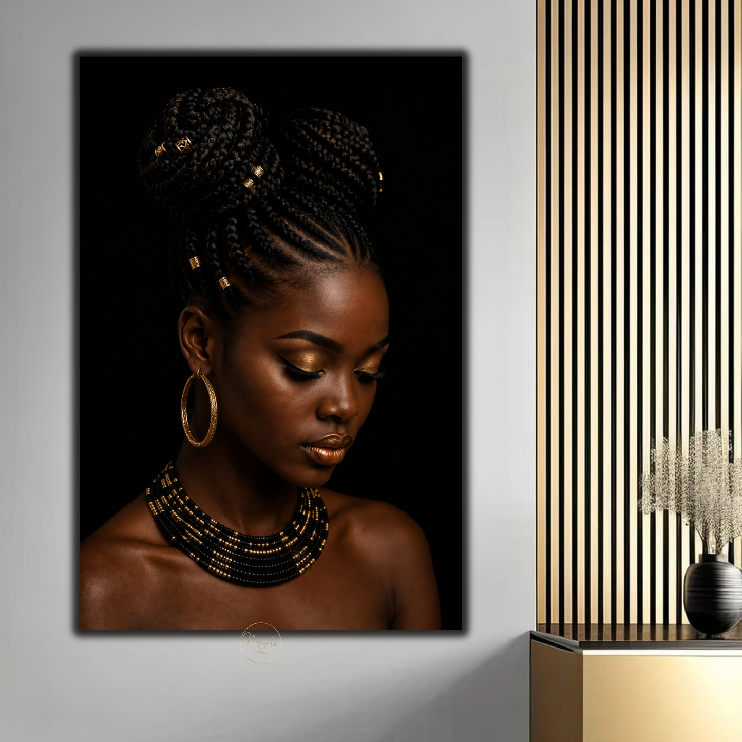 Black Woman Wall Art – Sophisticated Gold & Black Afrocentric Canvas  Print