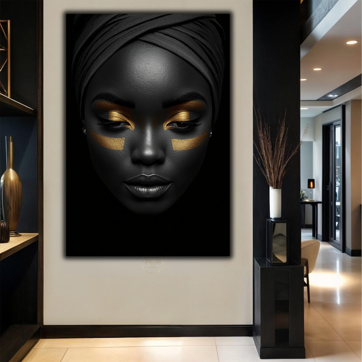 Black Woman Wall Art – Gilded Essence | Black & Gold  Luxury Portrait Canvas Print