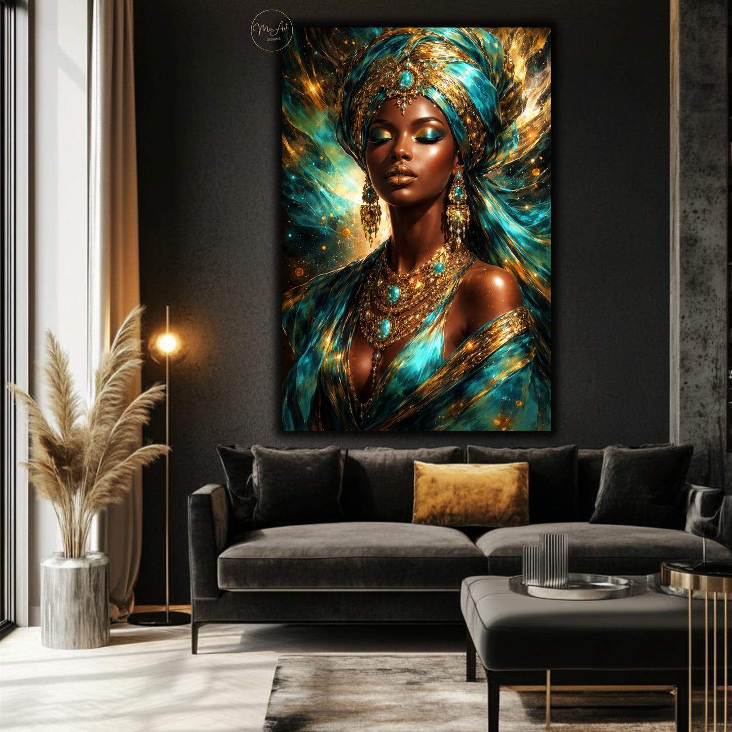 Black Woman Wall Art – Elegant Afrocentric Turquoise & Gold Abstract Canvas Print