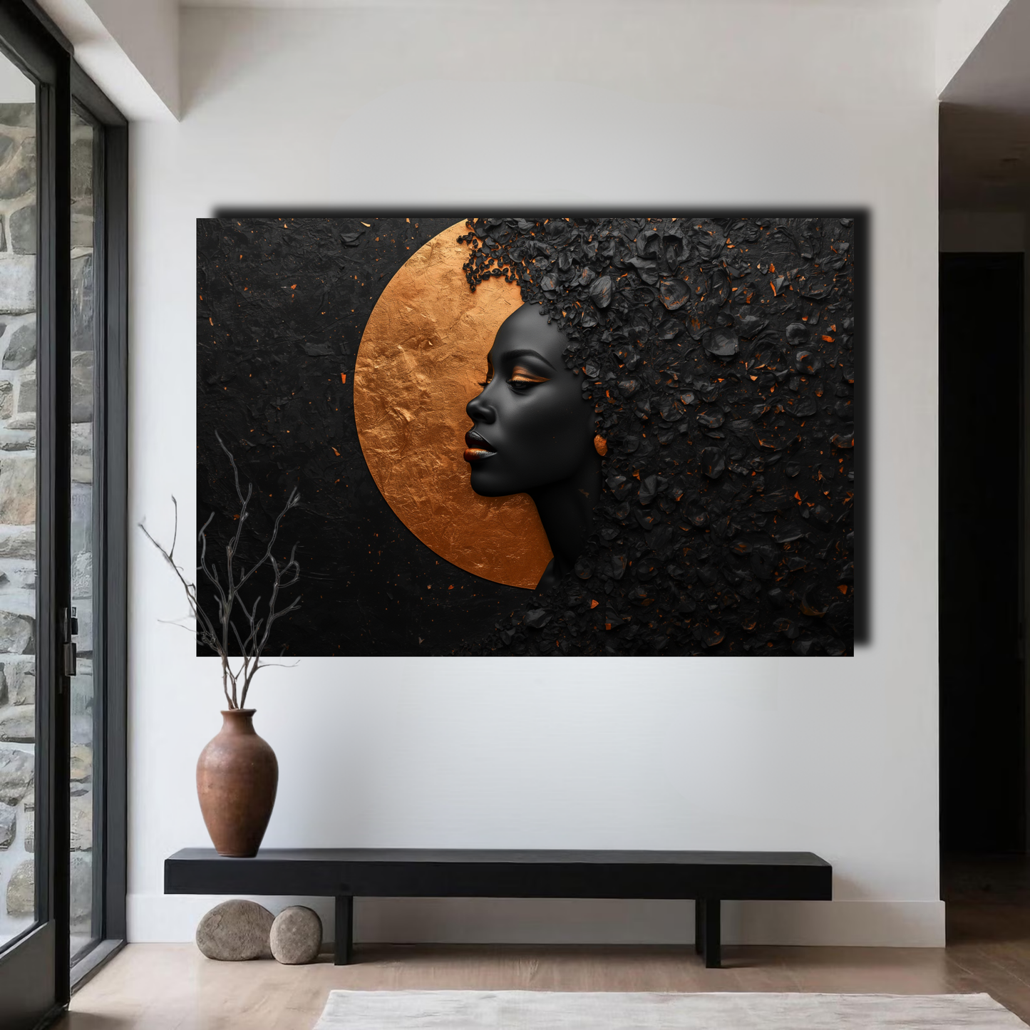Black Woman Wall Art – Abstract Afrocentric Portrait in Black & Copper | Luxury African American Canvas Print