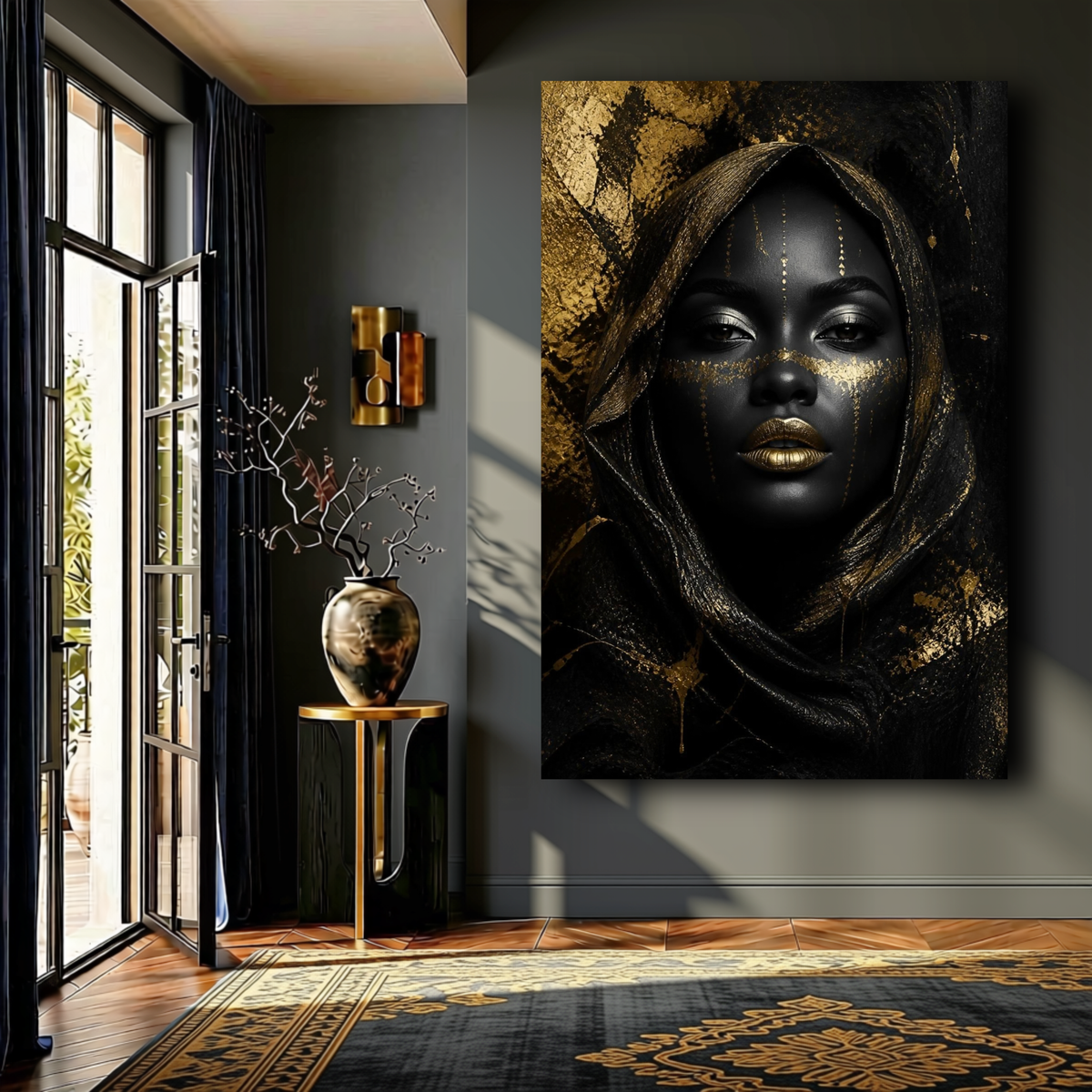 Black Woman Wall Art – Obsidian Queen | Black & Gold Luxury Portrait Canvas Print