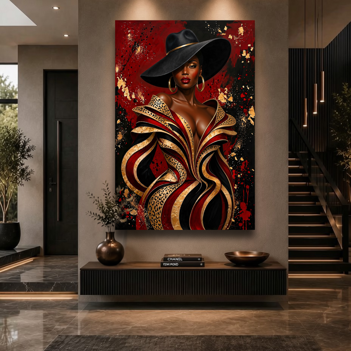 Black Woman Wall Art - Seductive Glamour | Red, Black & Gold Leopard Print Afrocentric Canvas Print